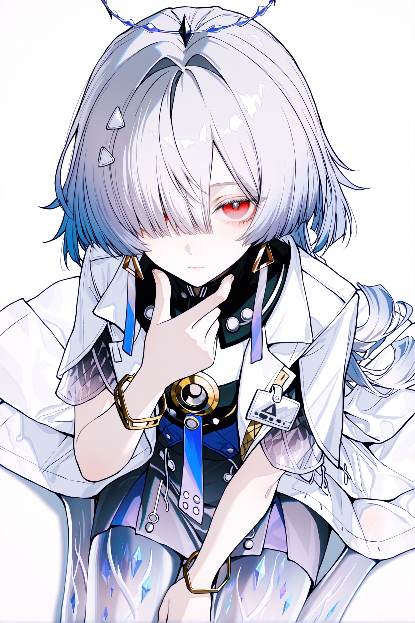 <lora:spo_sdxl_10ep_4k-data_lora_webui:1>,1girl,adachi rei,<lora:noobai_epred_11_artists_v11:1>,by wanke,sitting,wariza,looking at viewer,solo,white background,hand up,hand on own chin,medium hair,expressionless,simple background,from above,closed mouth,looking up,upturned eyes,stroking own chin,(masterpiece, best quality, very aesthetic),absurdres,aesthetic,detailed,beautiful color,amazing quality,<lora:Mornye-will-Tanger:0.8>,Mornye \(Wuthering Waves\),clothes: Mornye def grey-and-black skirt,see-through legs,1girl,halo,jewelry,long hair,hair over one eye,earrings,grey hair,bracelet,red eyes,