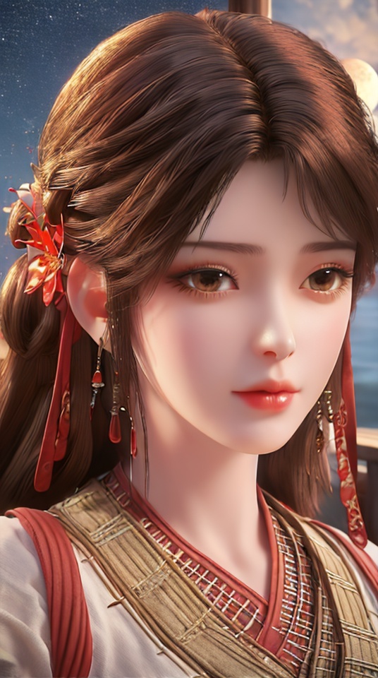 hle,1girl,solo,outdoors,looking_at_viewer,headpiece,jewelry,sitting,chinese clothes,earrings,hair flower,starry_sky,crescent_moon,portrait,hair ornament,