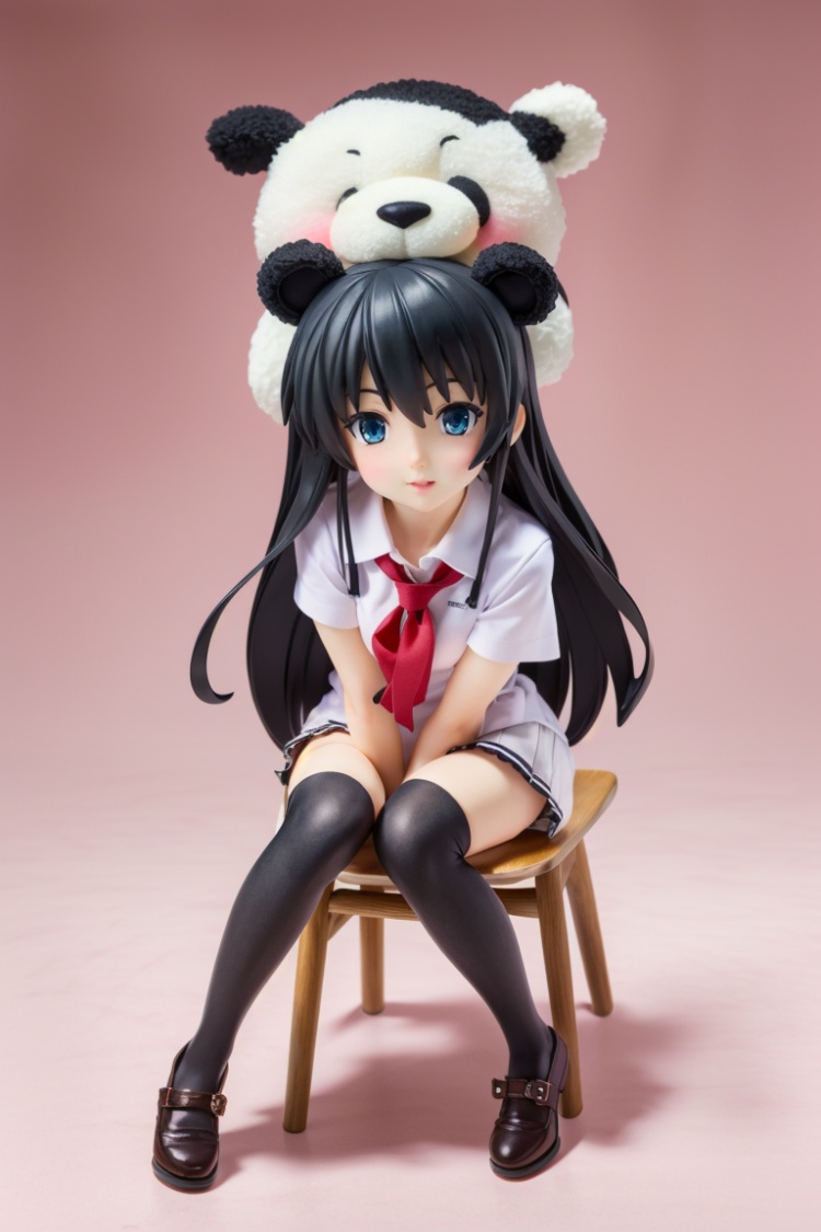 ((HRD, HUD, 8K)),((masterpiece, best quality)), highly detailed,Handmade, 1girl, yukinoshita yukino, long hair, black hair, thighhighs, solo, school uniform, panda, sitting, blue eyes, head rest, skirt, sobu high school uniform, stuffed toy, black eyes, stuffed animal, chair, <lora:20240316-1710599536818:0.8>