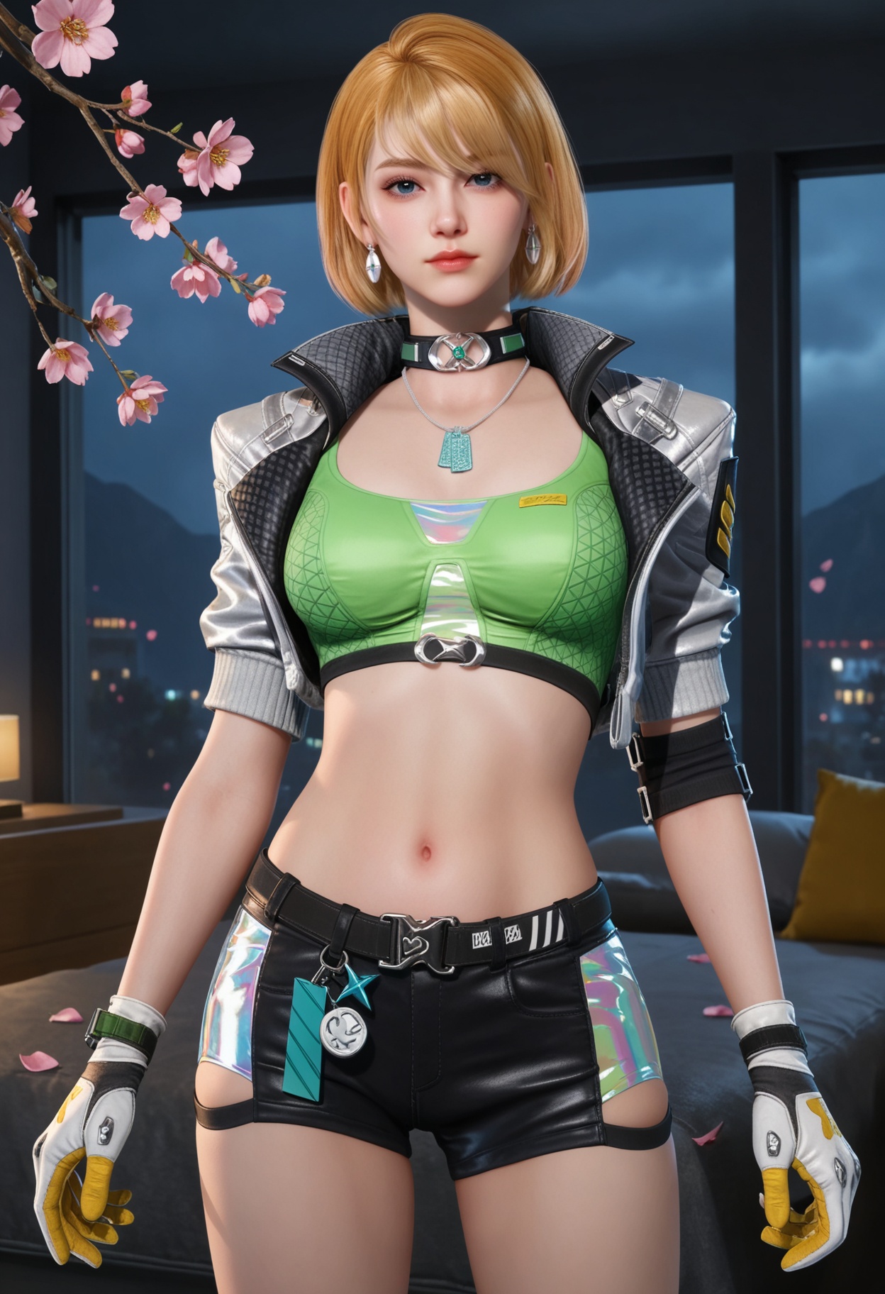 (cowboy shot:1.2),looking at viewer:1.1,masterpiece,(best quality),smog,Dark room,dim lighting,peach blossom,falling petals,<lora:YQ_Illustrious光辉v5_茉莉_V1:0.8>,q1528437228,1girl,blonde hair,jacket,short hair,solo,gloves,jewelry,cropped jacket,crop top,earrings,choker,shorts,short shorts,open jacket,black shorts,boots,dog tags,knee pads,blue eyes,necklace,white gloves,belt,