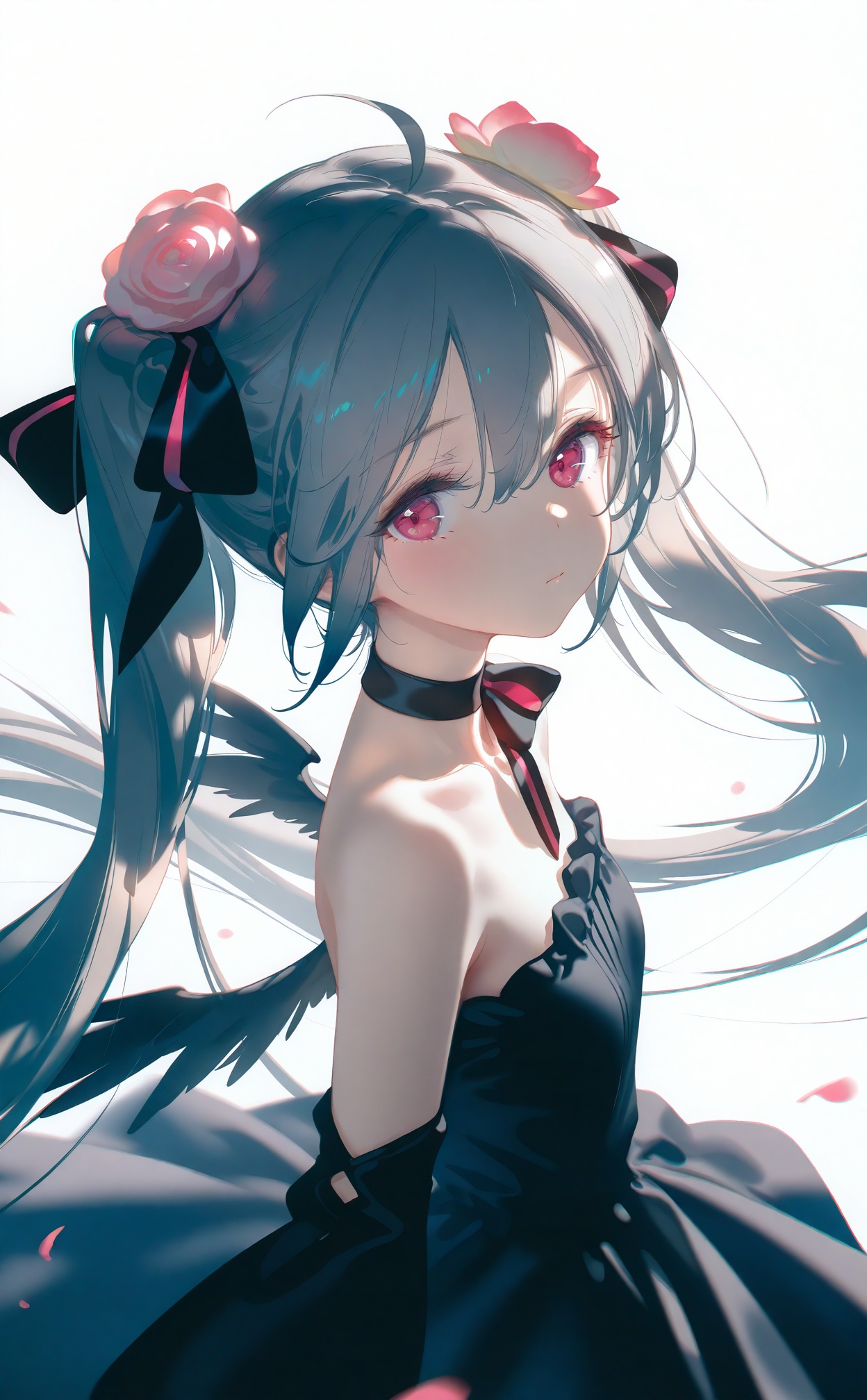 masterpiece,very aware,highres,absurdres,newest,best quality,loli,petite,high quality,chromatic_aberration,cinematic_angle,dutch angle,//,artist:ciloranko,artist:ningen_mame,artist:sho_(sho_lwlw),artist:rhasta,artist:wlop,artist:ke-ta,artist:hiten \(hitenkei\),//,loli,1girl,solo,long hair,hair ornament,flower,twintails,dress,hair flower,ribbon,black dress,looking at viewer,hair ribbon,red eyes,grey hair,white background,bare shoulders,very long hair,detached sleeves,choker,hair between eyes,petals,pink flower,strapless dress,strapless,from side,simple background,upper body,rose,breasts,wings,red ribbon,ahoge,floating hair,pink eyes,small breasts,frills,collarbone,parted lips,looking to the side,hatsune miku,ribbon choker,pink rose,black ribbon,standing,closed mouth,pink ribbon,black choker,bow,frilled dress, <lora:amei4-000020:0.8>