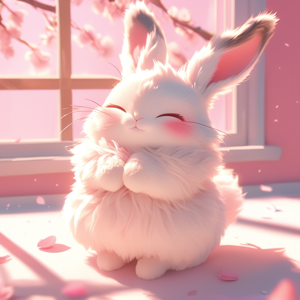 maotu, rabbit, rabbit focus, soft lighting, white fur, whimsy and dramatic lighting, warm colors, mf-movie-filter, cc-color-correction, cute, whiskers, :3, ^ ^, light particles, sunlight, no humans, window, closed eyes, solo, indoors, cherry blossoms, fluffy, petals, day, full body, blush, standing, closed mouth, shadow, blurry, pink background, spring \(season\), own hands together, facing viewer,<lora:maotu_xl_v1:0.8>,