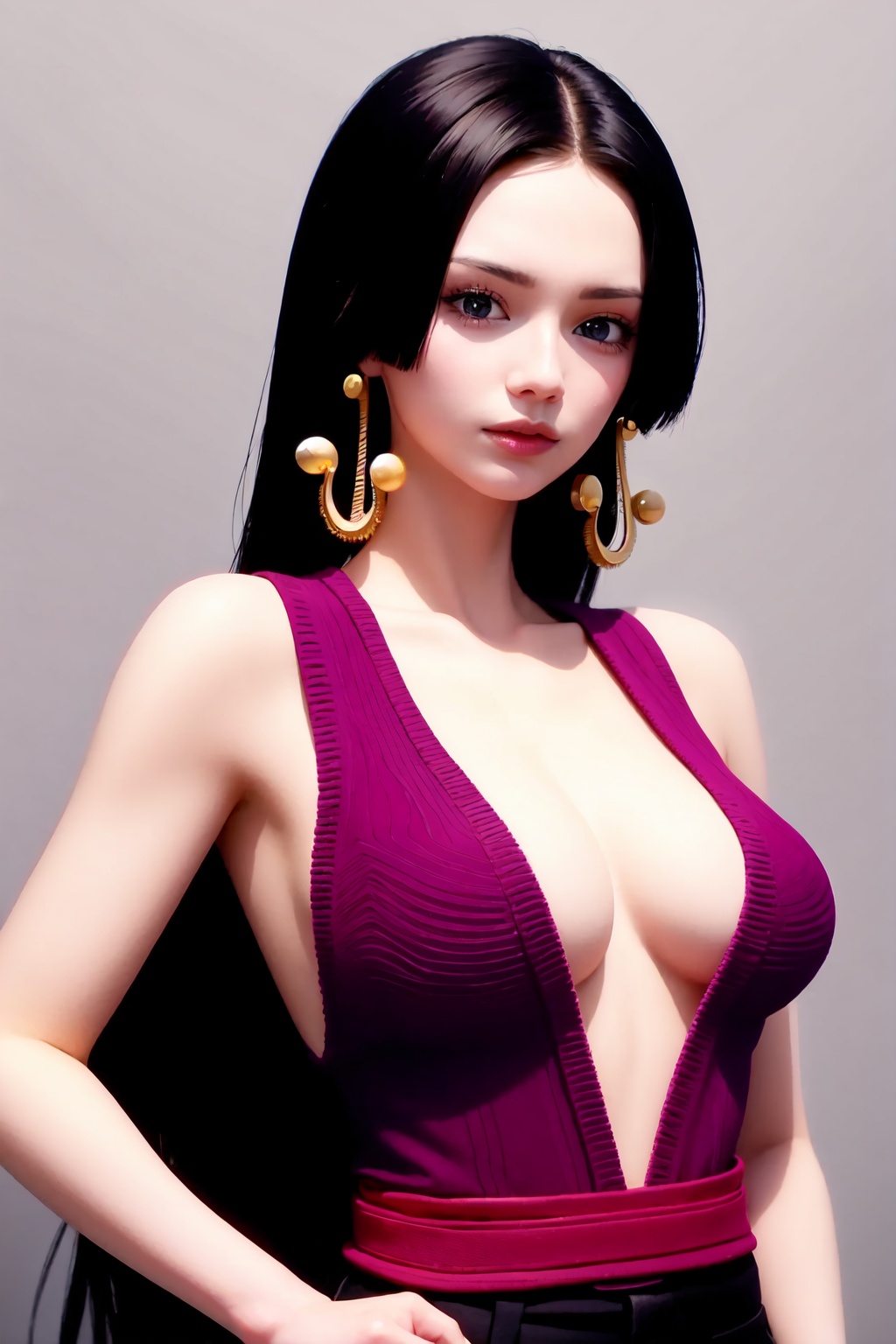boa_hancock,1girl,solo,earrings,cleavage,large_breasts,looking_at_viewer<lora:boa_hancock:1>,simple background,white backgroundmasterpiece,best quality, highly detailed, 