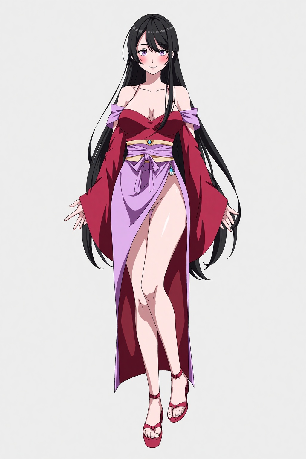 HEZI, Character Design, animation art, quadratic, bright colors, , 1girl, solo, long hair, purple eyes, breasts, smile, black hair, grey background, looking at viewer, detached sleeves, full body, blush, cleavage, simple background, closed mouth, dress, wide sleeves, bare shoulders, standing, medium breasts, sash, sandals, long sleeves, clothing cutout, bangs, side slit, pink dress, red dress, cleavage cutout, japanese clothes, mole, v, shiny, platform footwear, obi, very long hair, red sleeves, kimono, bra, hands up, toes, ribbon, legs, straight hair, shiny skin, pelvic curtain, ankle ribbon, purple dress