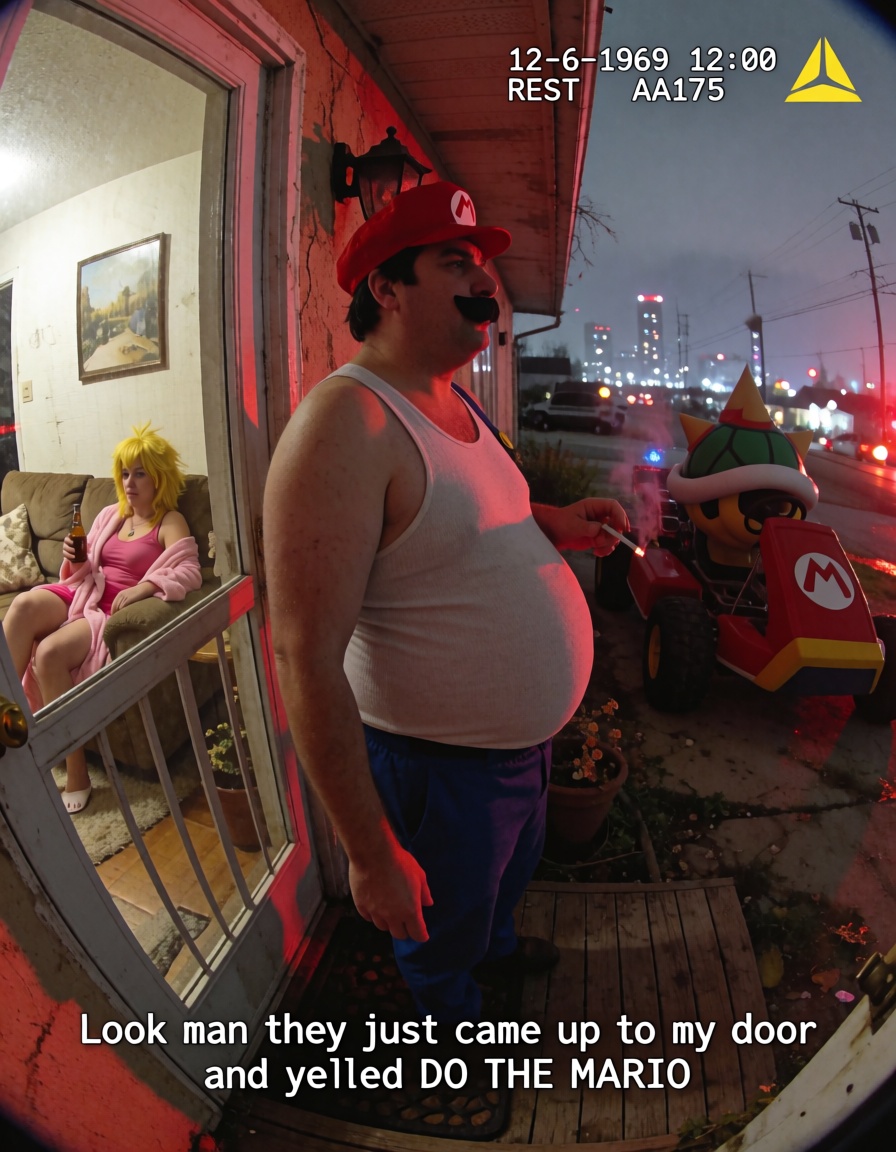 extremely grainy low quality found footage vhs style from the side with a mild fisheye lens. In the upper right is the yel...
