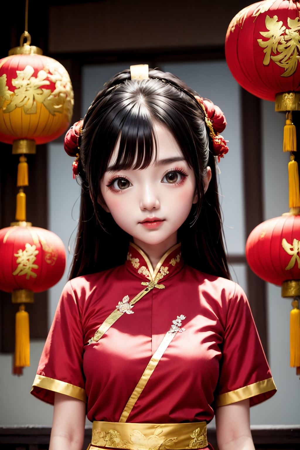 <lora:ChineseNewYear:0.8>, chinese new year, girl, (smirk:-0.4), long hair, arms at sides, red chinese clothes, paper lantern, upper body,