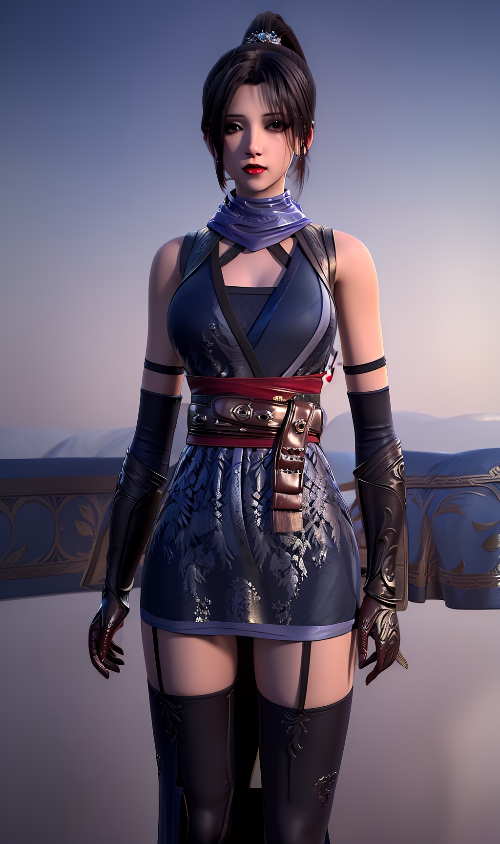 3D,masterpiece,(best quality),(makeup),official art, extremely detailed cg 8k wallpaper,((crystalstexture skin)), (extremely delicate and beautiful),(highly detailed),(face),(ponytail),(wristband),(scarf),(1girl), (solo), (jewelry), (earrings),(black_hair),(long_hair),(hair_ornament),(handwear),(breasts),(standing),((upper_body)),(closed_mouth),(off-shoulder_dress),(long_skirt),(chinese_clothes),(dress),,(multicolored_clothes),(multicolored_dress),(shiny_clothes),(city,outdoor,bed),(thighhighs),(long_legs),(sash),(gown),,((looking_at_viewer)),((Facing the camera)),, <lora:hipoly3DModelLora_v10:0.3>