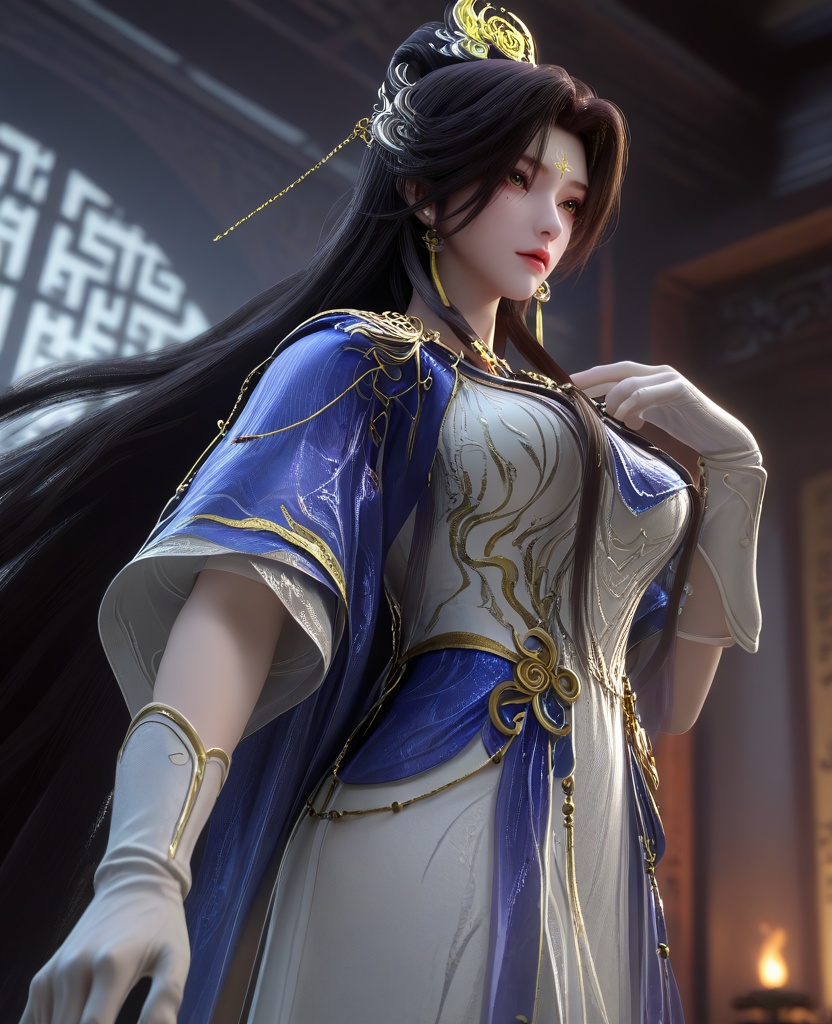 (getting dressed:1.1),(large breasts:1.2),<lora:XL16云深不知梦羲和城主服:0.95>,miss xihe,white dress,blue shawl,mole under left eye,forehead mark,black hair,absurdly long hair,traditional chinese updo with long front strands,hair ornament,jewelry,white gloves,blue sheer petticoat,, score_9,score_8_up,score_7_up,score_6_up,score_5_up,score_4_up,3d rendering,tag1,tag2, Cinematic Lighting,backlighting,