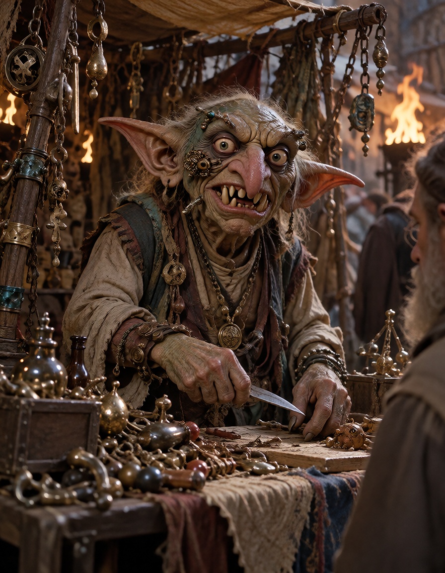 A grotesque goblin merchant standing behind a cluttered market stall,  complex prosthetic makeup,  silicone ears on Tensor...