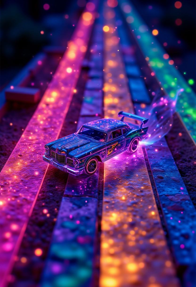 Hotwheels cars driving on neon rainbow,  creative,  (masterpiece) on Tensor.Art