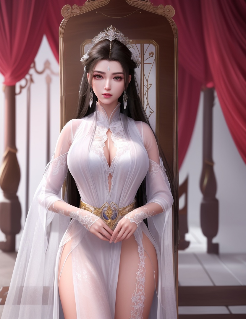 ultra realistic 8k cg, picture-perfect face, flawless, clean, masterpiece, professional artwork, famous artwork, cinematic lighting, cinematic bloom, perfect face, beautiful face, beautiful eyes, ((perfect female body, narrow waist)),gorgeous queen, royal, divine, goddess, godlike, (royal palace), fantasy, dreamlike, unreal, science fiction, huge breasts, beautiful clothes, lace, lace trim, lace-trimmed legwear, absurdly long hair, very long hair, (rich:1.4), prestige, luxury, jewelry, diamond, gold, pearl, gem, sapphire, ruby, emerald, intricate detail, delicate pattern, charming, alluring, seductive, erotic, enchanting, hair ornament, necklace, earrings, bracelet, armlet,(((((1girl, pov, absurdres, highres, harem outfit, throne room, ))))) , (1girl, fur trim, solo, fur collar, earrings, see-through sleeves, looking_at_viewer, hanfu)<lora:DA_YueYao:0.6>