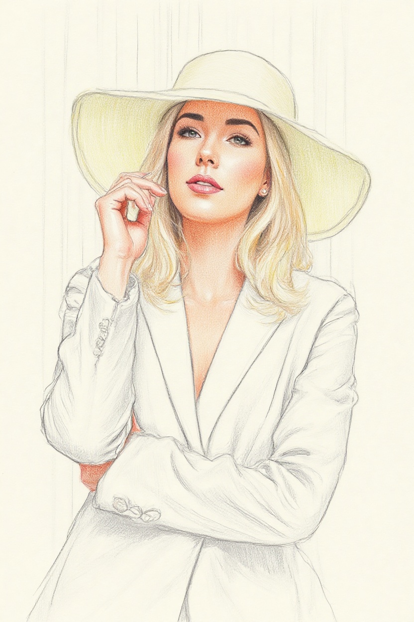 { "prompt": "Colored pencil drawing of a woman in a white hat and blazer.",  "person": "Blonde woman with soft features,...