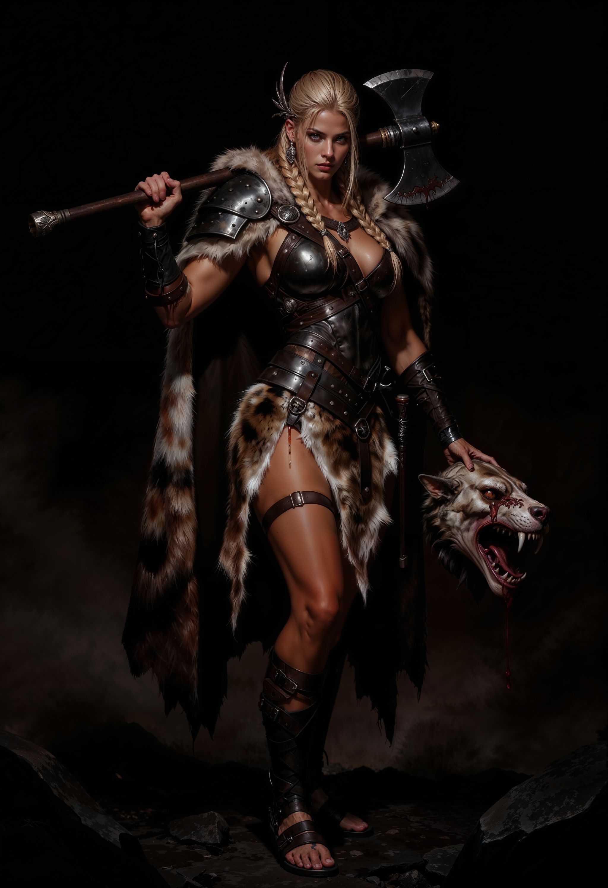 a highly detailed digital painting depicting a fierce warrior woman in a dark,  ominous setting. She stands confidently wi...