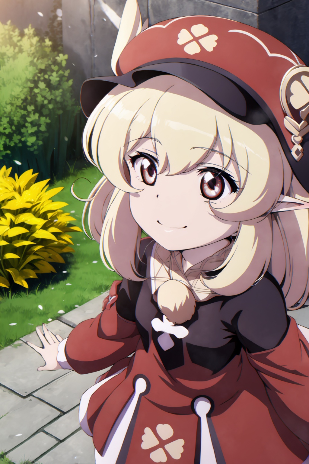 masterpiece, best quality, <lora:tgm-v2:1>,pixiv,  <lora:klee:1>,1girl,solo,cowboy shot,day,outdoors,klee \(genshin impact\),red hat,face,blonde hair, pointy ears, red dress,smile,