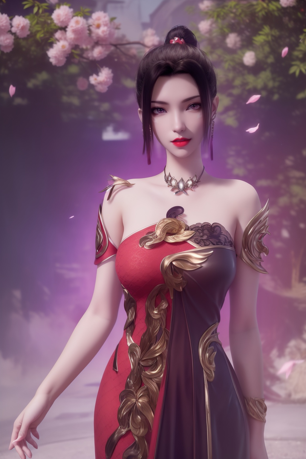 photo_\(medium\),(8k, RAW photo, best_quality),(masterpiece:1.2),(realistic:1.2),(photorealistic:1.3),(ultra-detailed),(extremely_detailed_cg_8k_wallpaper),(crystal_texture_skin:1.3),(shiny:1.2),(shiny_skin:1.4),(extremely_delicate_and_beautiful),petals,flower,sky,cherry blossoms,falling petals,fair skin,landscape,full_shot,shenfengLingMeiEr,1girl,solo,dress,flower,shoulder cutout,standing,red lips,torogao,breasts,hair bun,upper body,jewelry,hair ornament,earring,necklace,realistic,looking at viewer,<lora:shenfengLingMeiEr_20240804131117-000004:0.8>,