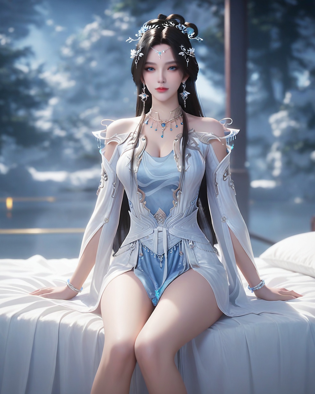 score_9,score_8_up,score_7_up,1girl,jewelry,hair ornament,solo,blurry background,long hair,earrings,black hair,blurry,blue eyes,necklace,dress,<lora:wy_anmiaoyi_XL7.2:0.8>,thick_thighs,bed,sitting,