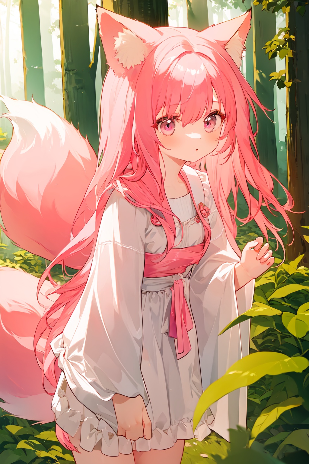 masterpiece,(best quality),1girl,fox tail,fox ears, pink hair, outside, forest, loli, masterpiece, best quality