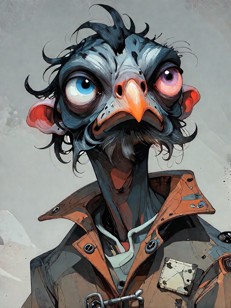 Bradhamel art style. A close-up portrait of a grizzled,  anthropomorphic bird-like character with a long dark beard and wi...