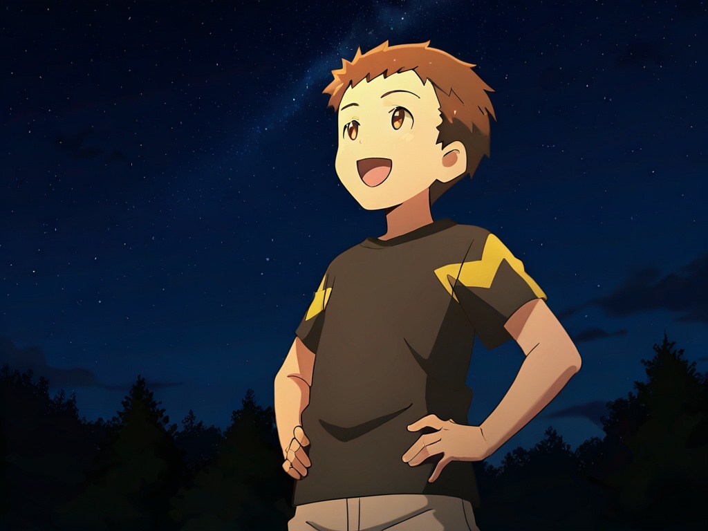 <lora:LH_Tohya_XL:1>,Tohya,best quality,best detail,masterpiece,outdoors,night,nature,male focus,solo,1boy,(child:1.2),very short hair,brown hair,brown eyes,(vertical pupil:1.7),hands on own hips,looking up at the stars,:d,black shirt,shorts,(5fingers,perfect hands:1.6),correct anatomy,available light,