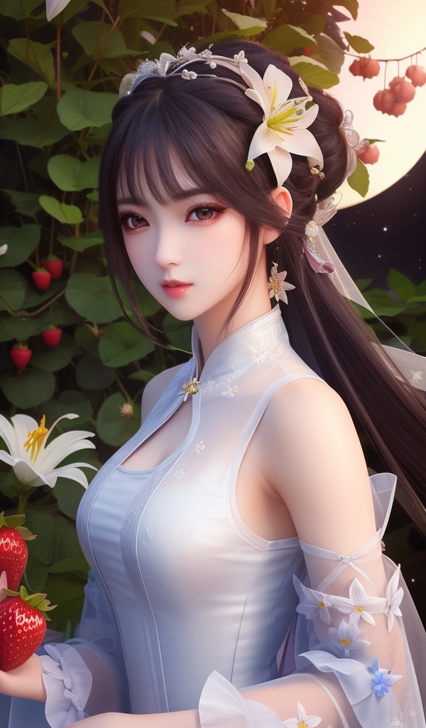 (,1girl, ,best quality, ),looking at viewer, <lora:381-DA-武动乾坤-绫清竹-新模:0.8> ,ultra detailed background,ultra detailed background,ultra realistic 8k cg, , ,masterpiece, (( , )),, ultra realistic 8k cg, ,tamari \(flawless\),     ,lily \(flower\) ,full moon ,strawberry blossoms      (()), (),