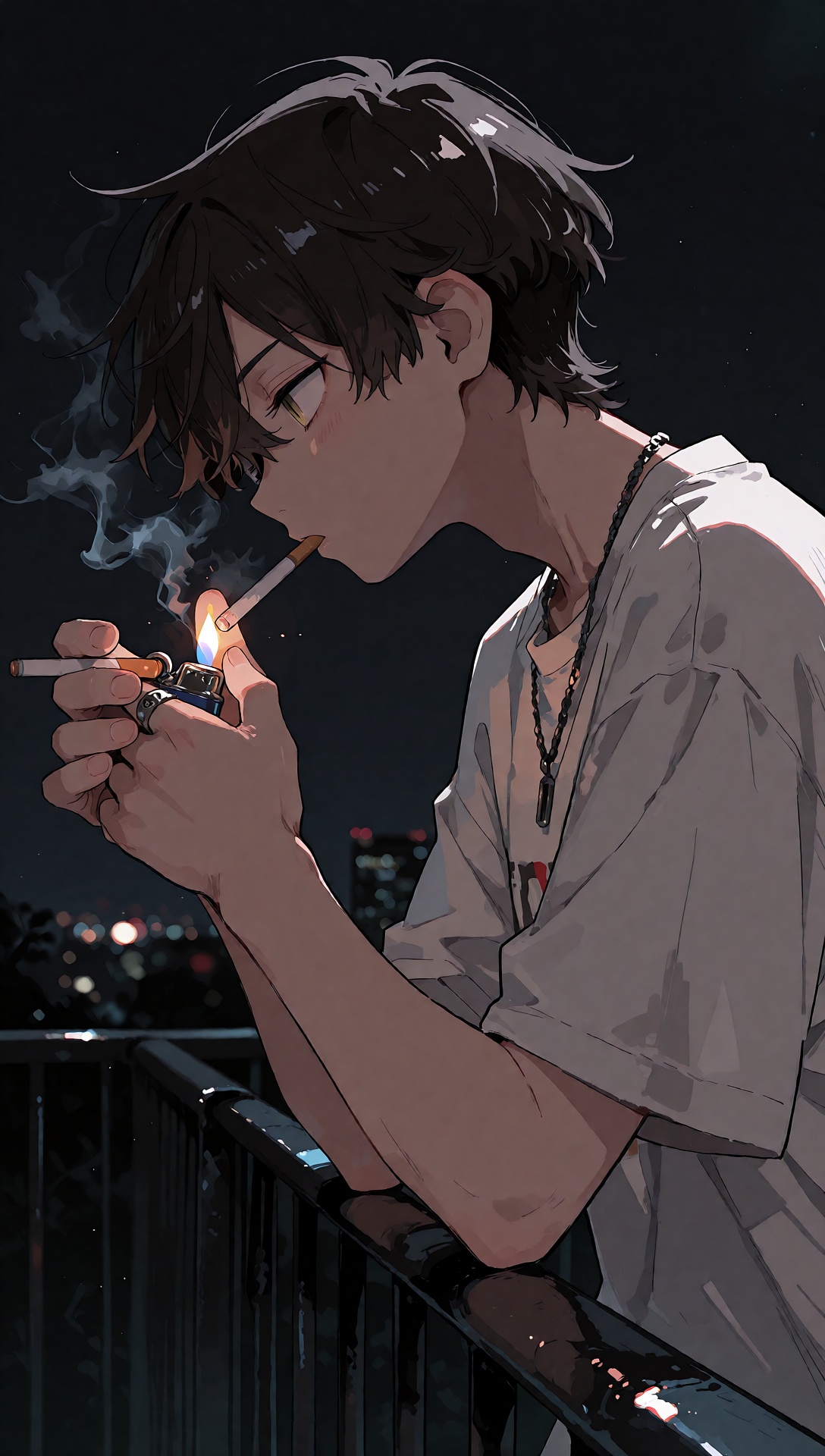 A young man in profile,  silhouetted against a dark night sky,  leans against a metal railing while lighting a cigarette w...