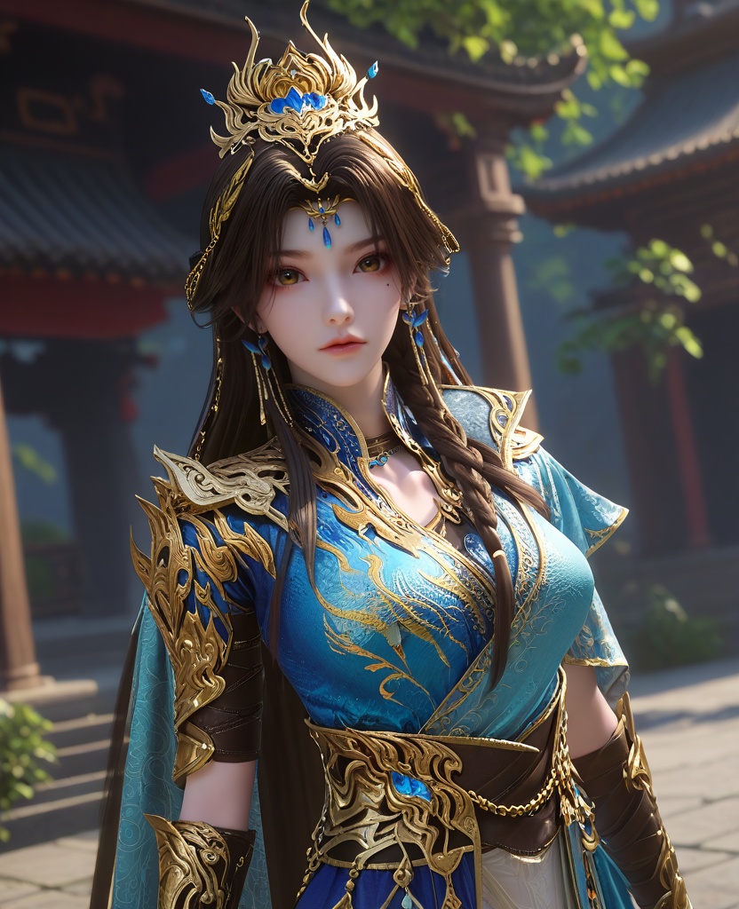 (oriental architecture, elegant decor, sophisticated style:1.1),(High-parched back torso:1.1),(dutch angle:1.1),(large breasts:1.2),<lora:XL16云深不知梦羲和第20集‌跃灵谷:0.95>,miss xihe,white and blue tiered hanfu,brown eyes,mole under left eye,black hair,very long hair,draped looped buns with front braid,hair ornament,jewelry,vambraces,black fingerless gloves,cape,sash,, score_9,score_8_up,score_7_up,score_6_up,score_5_up,score_4_up,3d rendering,tag1,tag2, Cinematic Lighting,backlighting,