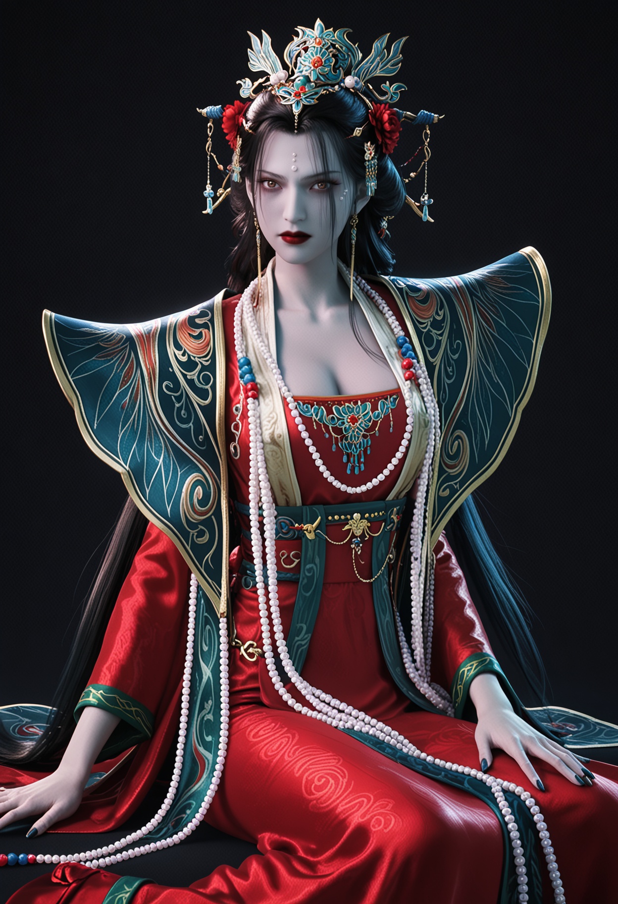 score_9,looking_at_viewer,large breasts,chufuren,1girl,solo,hair ornament,jewelry,black hair,long hair,beads,earrings,forehead mark,necklace,red lips,chinese clothes,facial mark,hair flower,dress,bead necklace,red dress,makeup,brown eyes,realistic,lipstick,shoes,sitting,(simple background,pure black background,black background:1.1),perfect_anatomy,<lora:QQSponychufurenV1:0.8>,