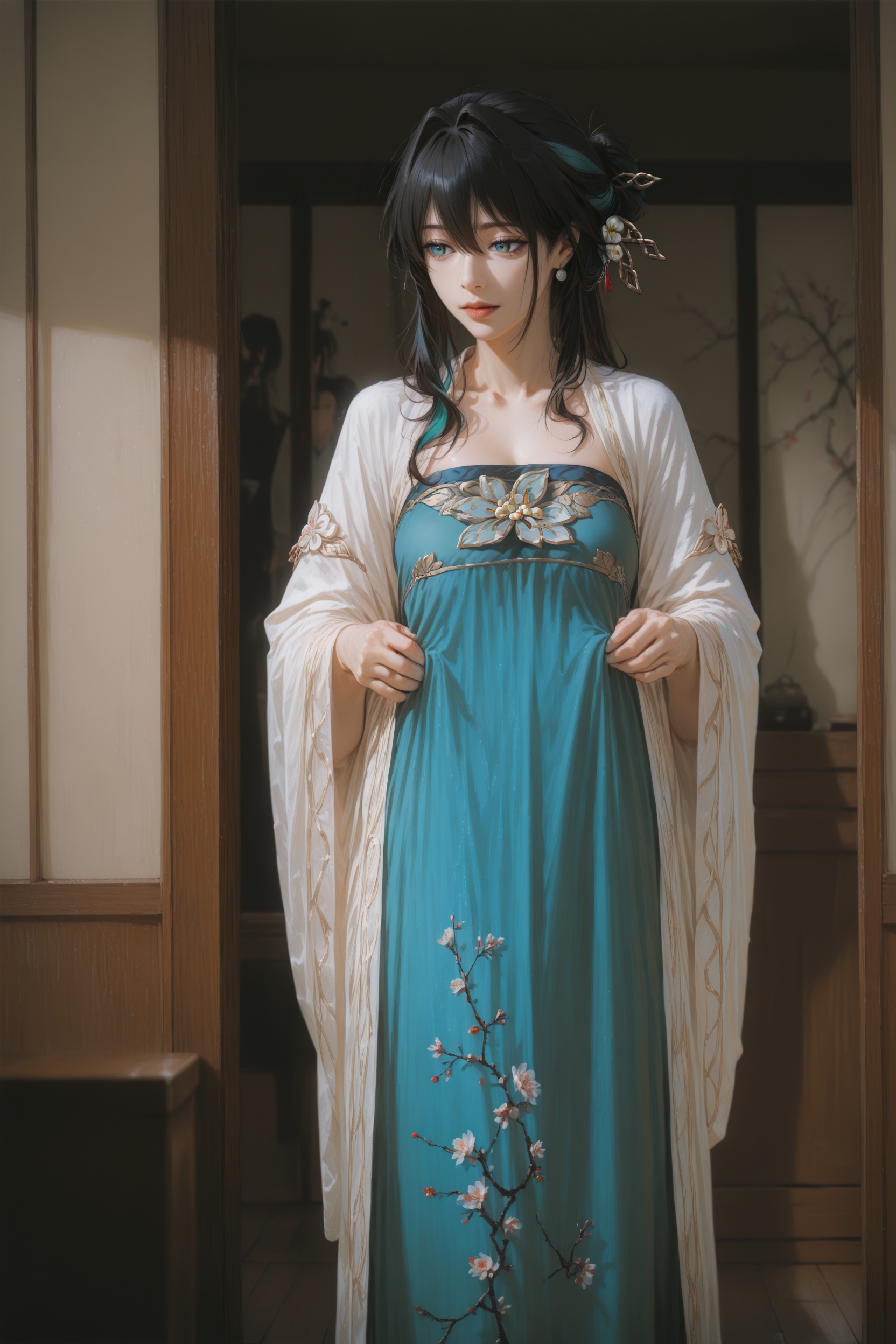 (illustration:1.1),hxxg,(wlop:0.7),.,.,general,.,.,1girl,feet out of frame,ruan mei \(honkai: star rail\),jewelry,indoors,standing,traditional chinese hanfu,long dress,, very aesthetic, masterpiece, highres, absurdres,