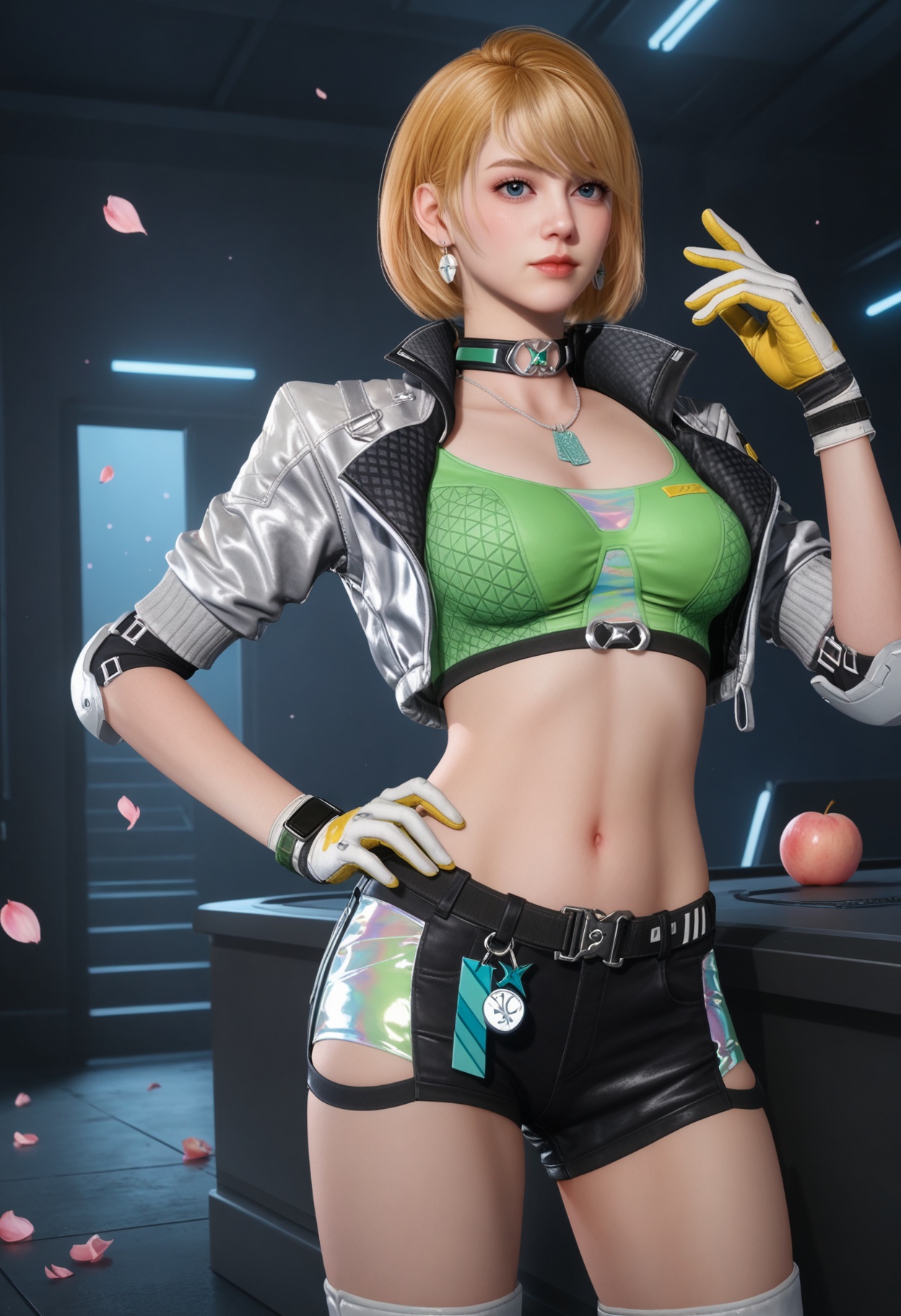 (cowboy shot:1.2),looking at viewer:1.1,masterpiece,(best quality),smog,Dark room,dim lighting,peach blossom,falling petals,<lora:YQ_Illustrious光辉v5_茉莉_V1:0.8>,q1528437228,1girl,blonde hair,jacket,short hair,solo,gloves,jewelry,cropped jacket,crop top,earrings,choker,shorts,short shorts,open jacket,black shorts,boots,dog tags,knee pads,blue eyes,necklace,white gloves,belt,