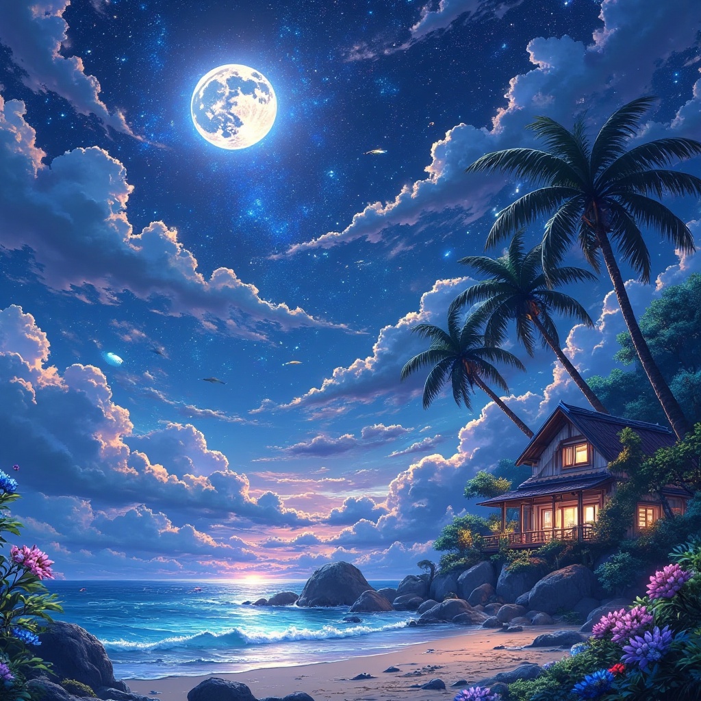 no humans,moon,tree,sky,scenery,night,cloud,star (sky),outdoors,rock,night sky,water,ocean,full moon,starry sky,flower,coral,beach,palm tree,house,fish,