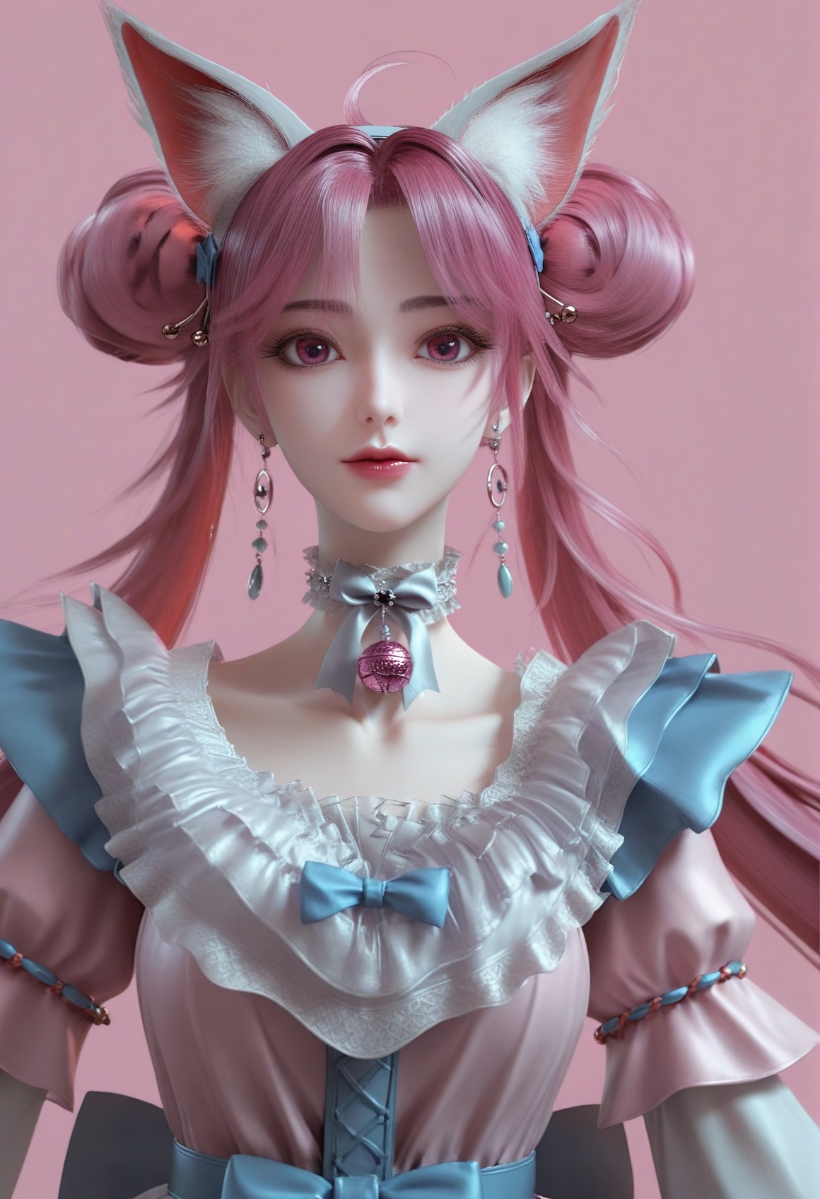 (score_9),<lora:小狸-Apony:0.86>,xiaohuli,solo,animal ear fluff,fox ears,double bun,long hair,twintails,pink hair,ahoge,hairband,earrings_ring,lipstick,choker,neck bell,frills,jewelry,earrings,maid dress,bow,belt,cowboy shot,<lora:perfect-eyes:0.8>,pink eyes,(mature_female:1.1),mature,collarbone,<lora:e色温:0.5>,(white_skin),(fair_skin),<lora:e肤色滑块:0.5>,front view,simple background,(huge filesize:1.1),(wallpaper:1.1),(game cg:1.1),rim light,pink background,<lora:Expressive_H:0.8>,<lora:detailed_notrigger:1>,<lora:皮肤凹痕:1.2>,<lora:身材滑块:1>,