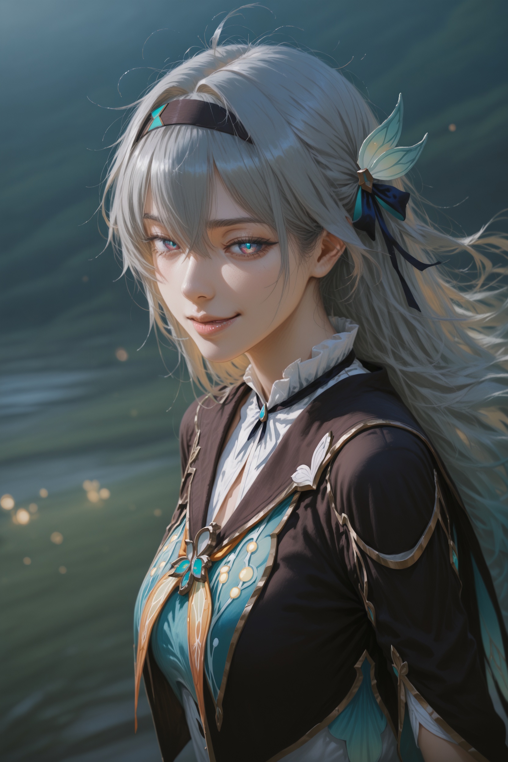 (illustration:1.1),hxxg,(wlop:0.7),.,.,general,.,.,1girl,messy hair,smirk,jewelry,outdoors,firefly \(honkai: star rail\),, very aesthetic, masterpiece, highres, absurdres,