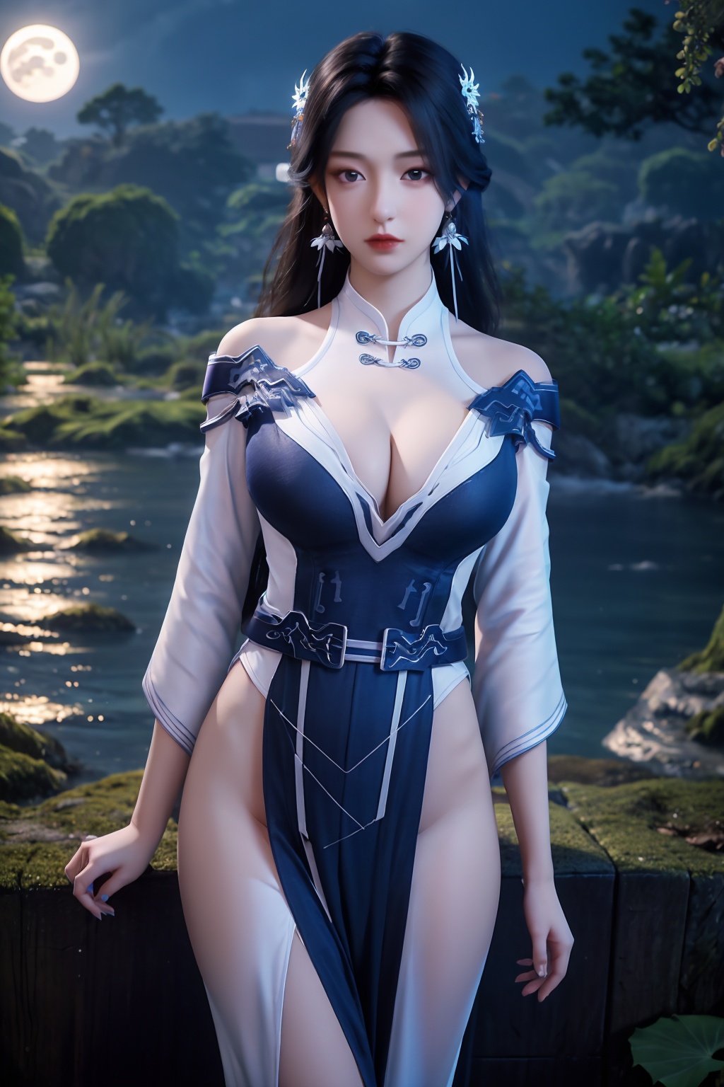 standing,dress,chinese clothes,flower,full_moon,moon,night,lily_pad,lotus,moonlight,nipples,water,night_sky,lily_\(flower\),sky,partially_submerged,1girl,solo,hair ornament,realistic,nail polish,photo_\(medium\),(big breasts, cleavage),makeup,(8k, RAW photo, best quality, masterpiece:1.2),(realistic, photorealistic:1.3),ultra-detailed,extremely detailed cg 8k wallpaper,(crystalstexture skin:1.2),extremely delicate and beautiful,(sexy pose:1.2),chinese dress,