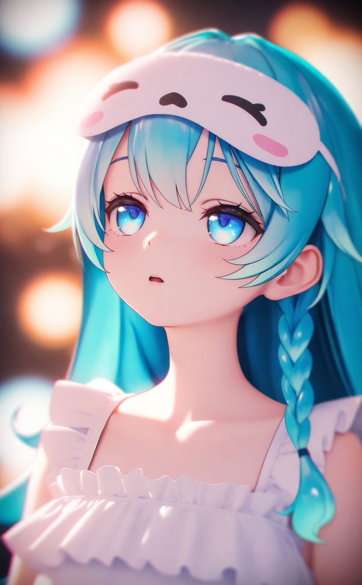 masterpiece,absurdres,best quality,loli,petite,high quality,chromatic_aberration,//,1girl, solo, virtual_youtuber, sleep_mask, mask_on_head, long_hair, looking_up, portrait, blurry, blue_eyes, blurry_background, mask, blue_hair, dress, parted_lips, depth_of_field, bokeh, white_dress, frills, upper_body, collarbone, liquid_hair, looking_afar, aqua_hair, eyebrows_hidden_by_hair, open_mouth, looking_ahead//,Depth of field,(colorful),hdr,Tyndall effect,depth of field,Tyndall Effect,blurry,blurry_background,depth_of_field,bokeh,glowing,//,<lora:MMDguangwuran6——【noob】hans:0.9>,