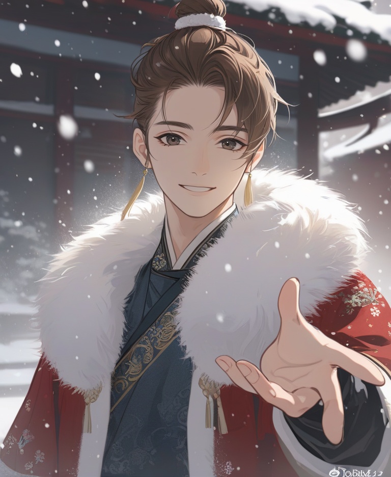 (best quality), ((masterpiece)), (highres), illustration, original, extremely detailed, <lora:Old wind:0.7>licg,1boy, solo, male focus, looking at viewer, dated, smile, fur trim, chinese clothes, brown hair, signature, upper body, single hair bun, outstretched hand, black eyes, snowing, artist name, topknot
