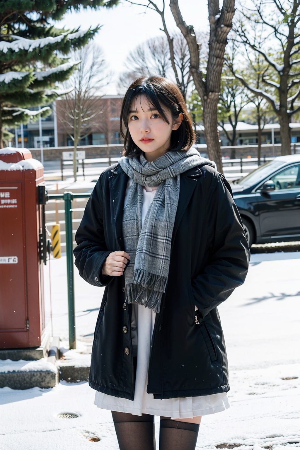 1girl,moyou, short hair, female student, wearing school uniform, plaid skirt, white stockings, black shots, thick coat, cotton-padded jacket, plaid scarf, small bag, on the way home, snow, snow, school gate, outdoor