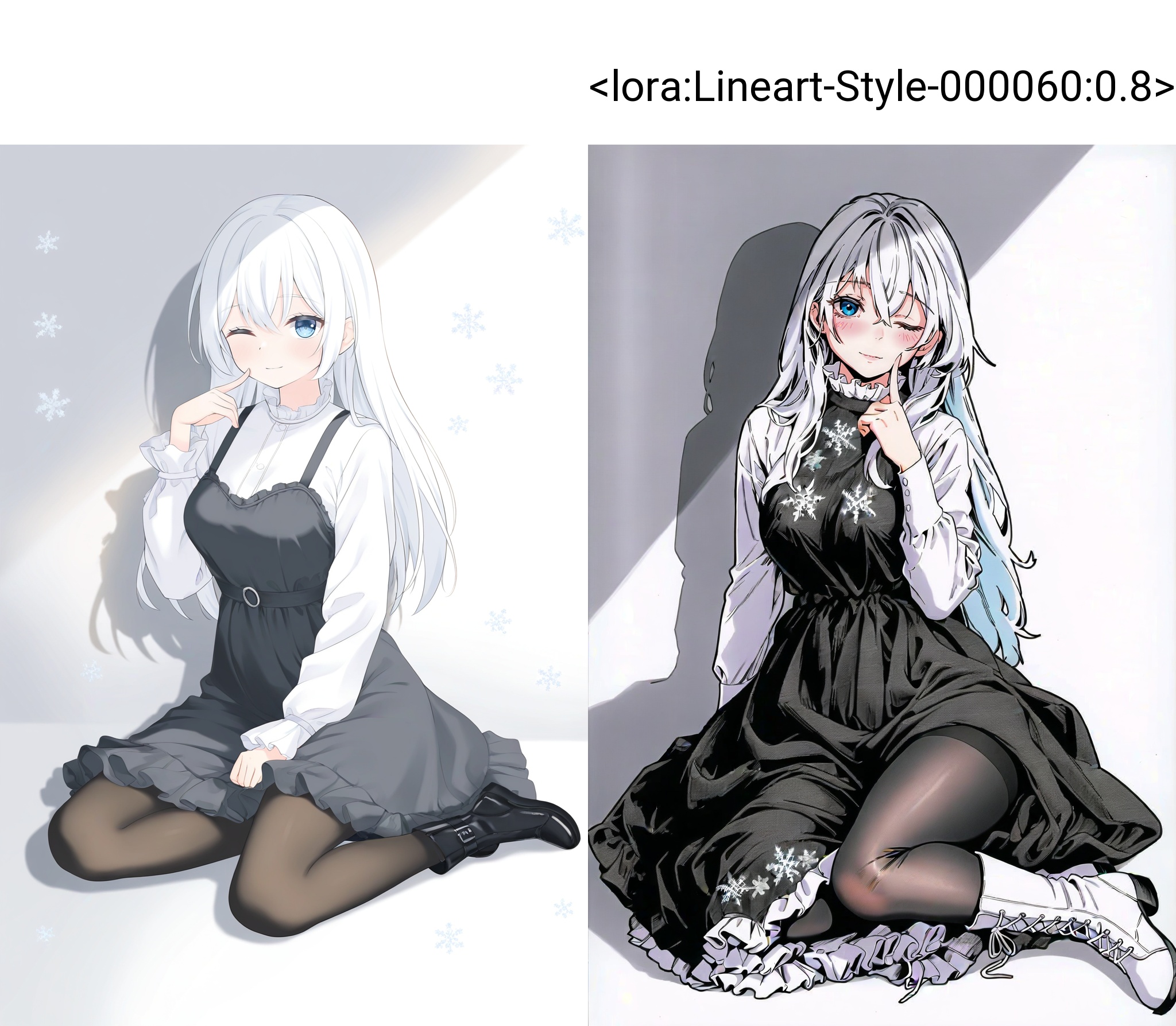 highres,absurdres,Visual impact,masterpiece,best quality,very aesthetic,amazing quality,newest,lineart,traditional media,greyscale,\\//,1girl,solo, blue eyes,white hair,long hair,hair between eyes,medium breasts, black dress,white shirt,frilled dress,boots,long sleeves,black pantyhose, light blush,looking at viewer,light smile,full body,sitting,yokozuwari,finger to cheek,one eye closed, white background,drop shadow,snowflake,