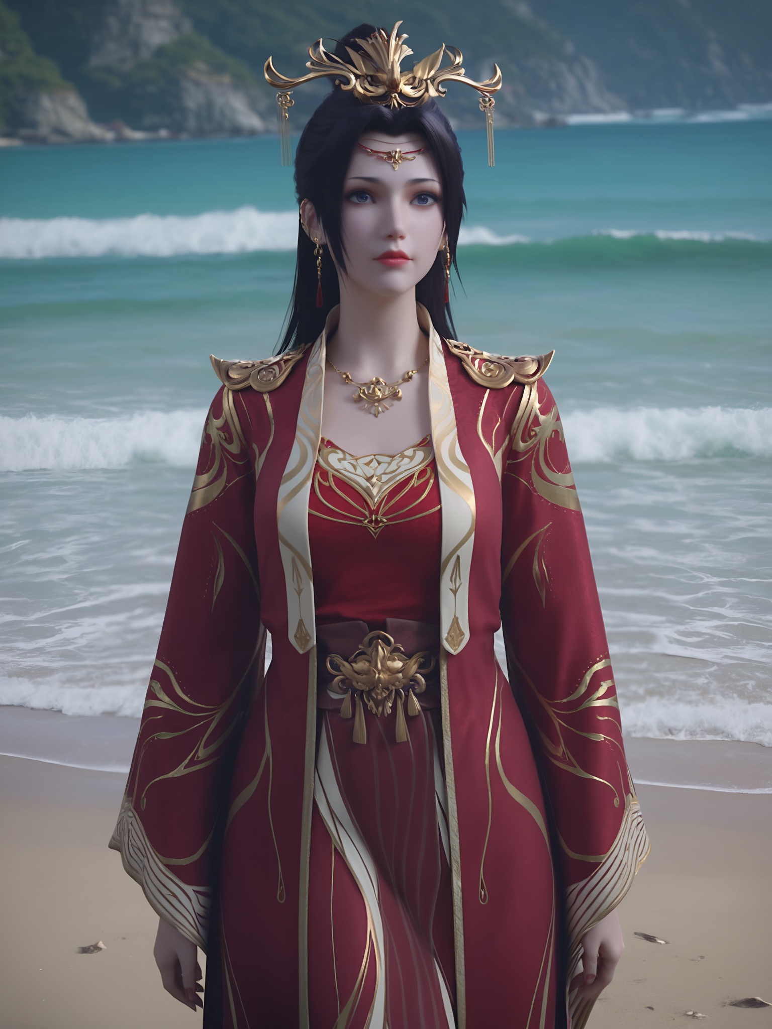 realistic style photo outstanding style,tall,cute,in her teens. Use soft lighting to cast gentle shadows on the subject,adding a touch of dimension to your images without compromising details,score_9,score_8_up,score_7_up,Seaside,beach,waves,<lora:云韵婚服Pony:0.7>,dark hair styled in an elaborate updo adorned with gold ornaments. wears a rich,deep red robe,gold embroidery,traditional Chinese costume,