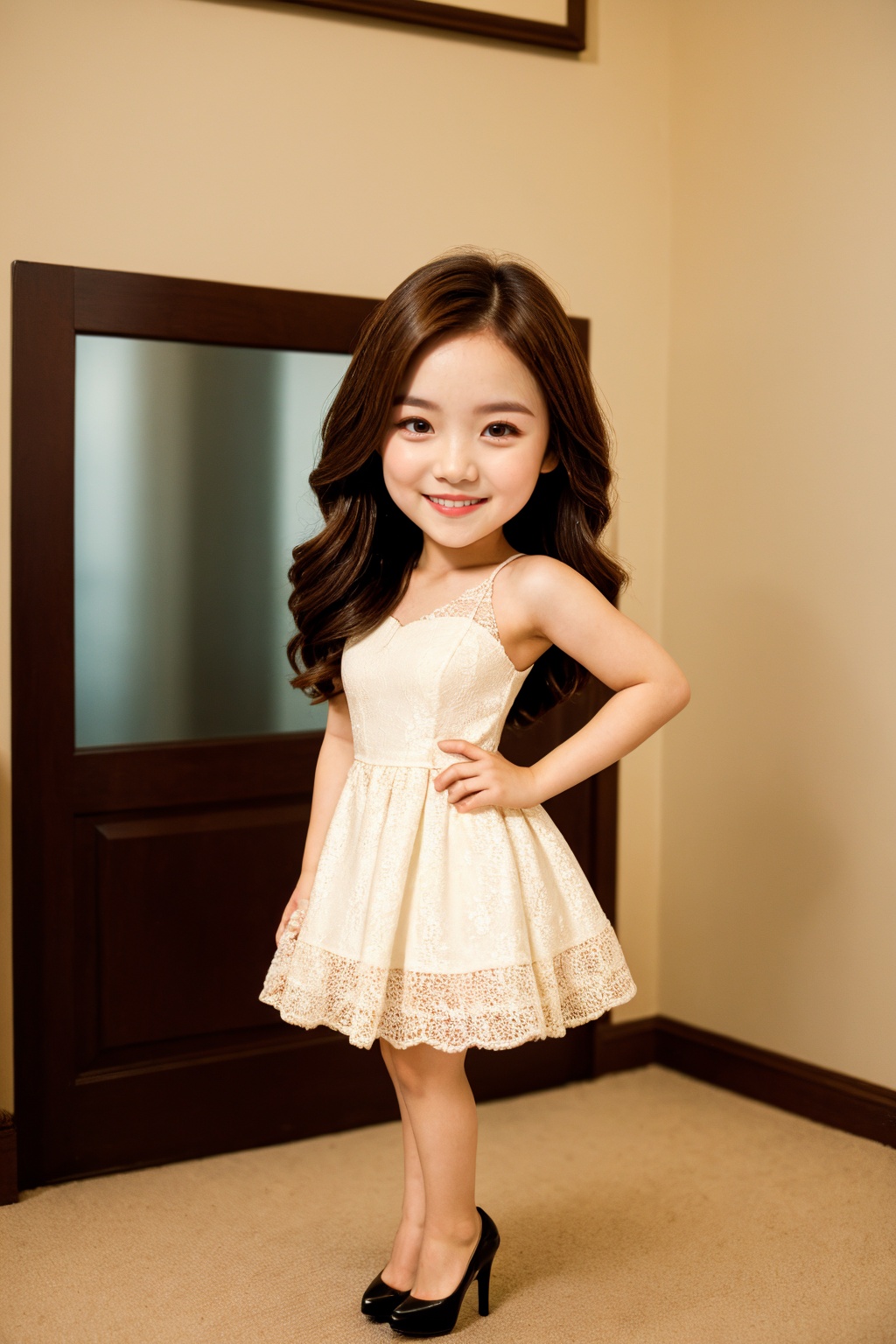 1woman, solo, film grain, realistic, photorealistic, long hair, dress, brown hair, brown eyes, white dress, smile, standing, looking at viewer, full body, chibi, high heel shoes, sleeveless dress, indoors, 
