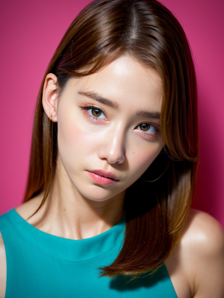 1girl, realistic, solo, long hair, brown hair, looking at viewer, photorealistic, brown eyes, lips, blue background, simple background, head tilt, parted lips, upper body