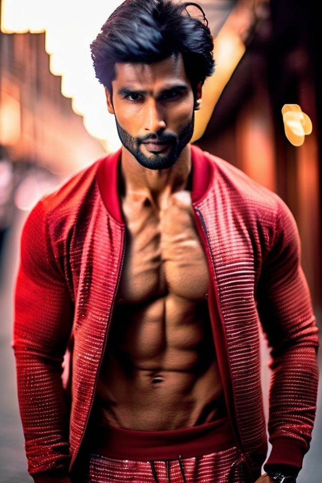 Sendhil Ramamurthy a man ,  realistic photo in a worn ((skin-revealing skimpy erotic red tracksuit,  massive hairy pecs))...