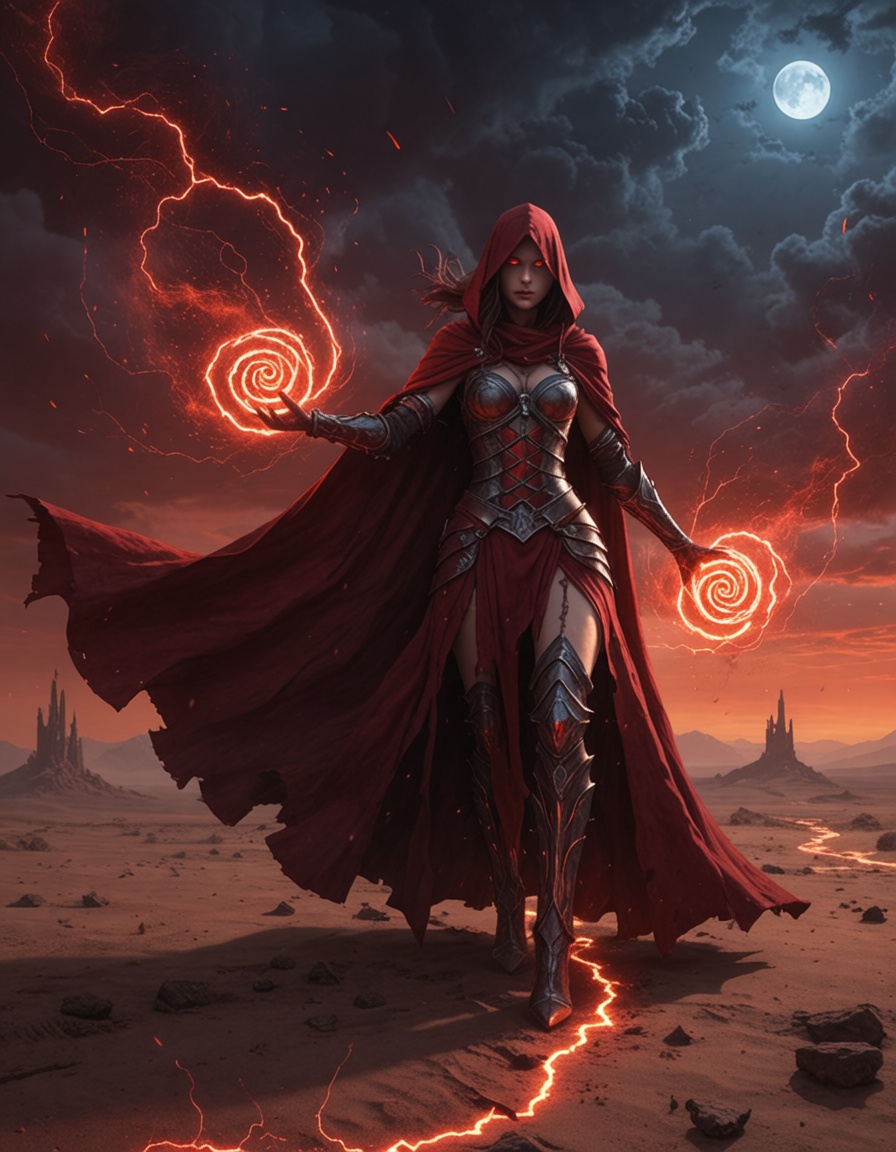 a powerful crimson witch standing on a cracked desert floor,  red glowing runes floating around her hands,  tattered cloak...