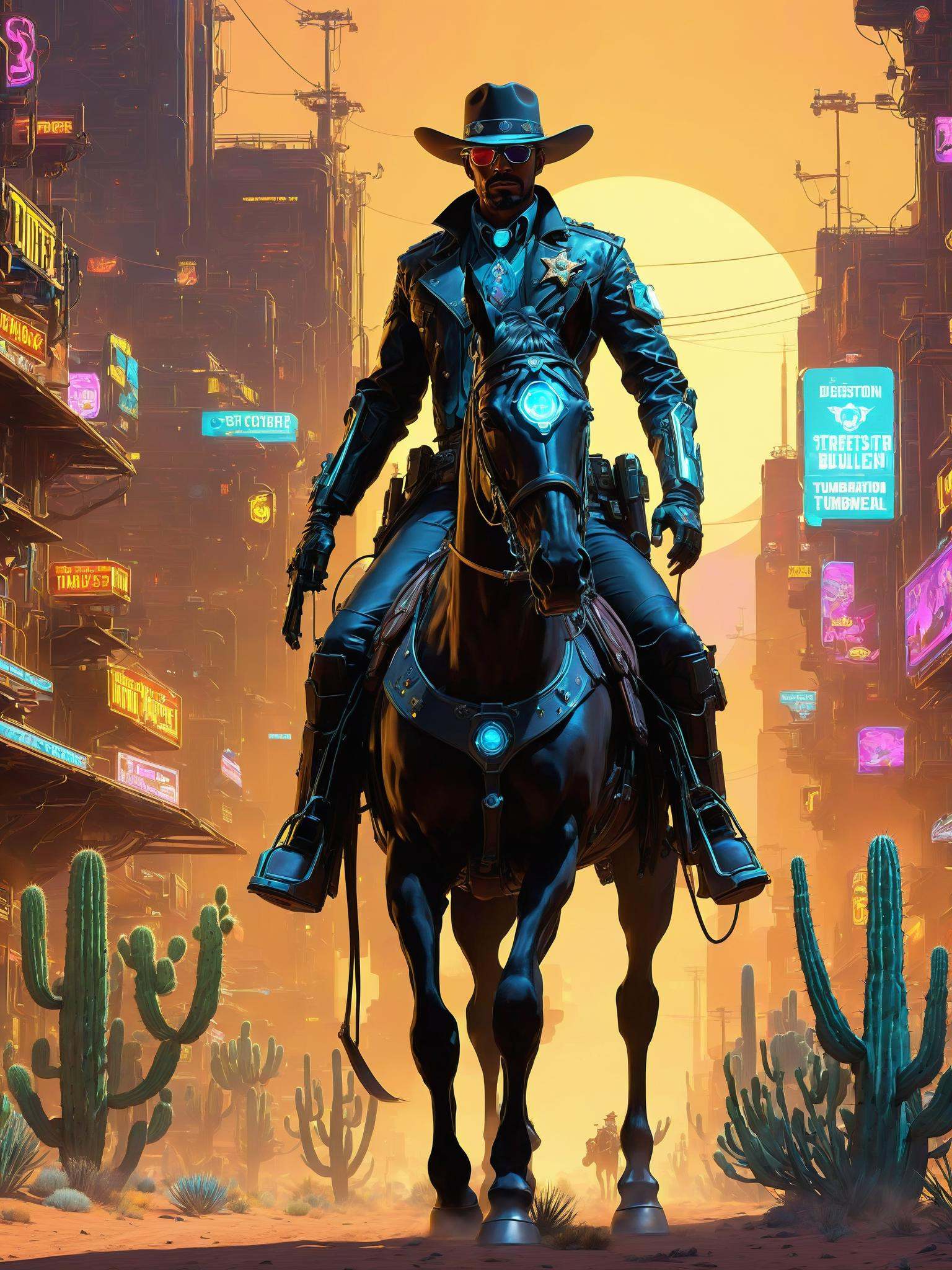 Amidst a sprawling neon-lit western metropolis,  a cyber-enhanced sheriff stands tall,  donning a fusion of cowboy attire...