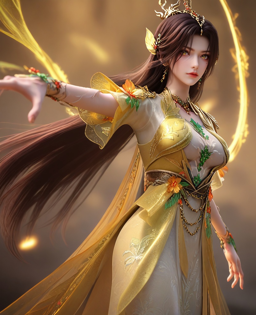 (Team-Up Pose, Standing back to back with another superhero, ready to face a common enemy,:1.1),(large breasts:1.2),<lora:XL16云深不知梦羲和‌篆木符:0.95>,miss xihe,yellow overdress with white inner dress,white inner dress,yellow eyes,mole under left eye,black hair,absurdly long hair,hair ornament,jewelry,faux floral embellishments,vines bracelet,chain cape,, score_9,score_8_up,score_7_up,score_6_up,score_5_up,score_4_up,3d rendering,tag1,tag2, Cinematic Lighting,backlighting,