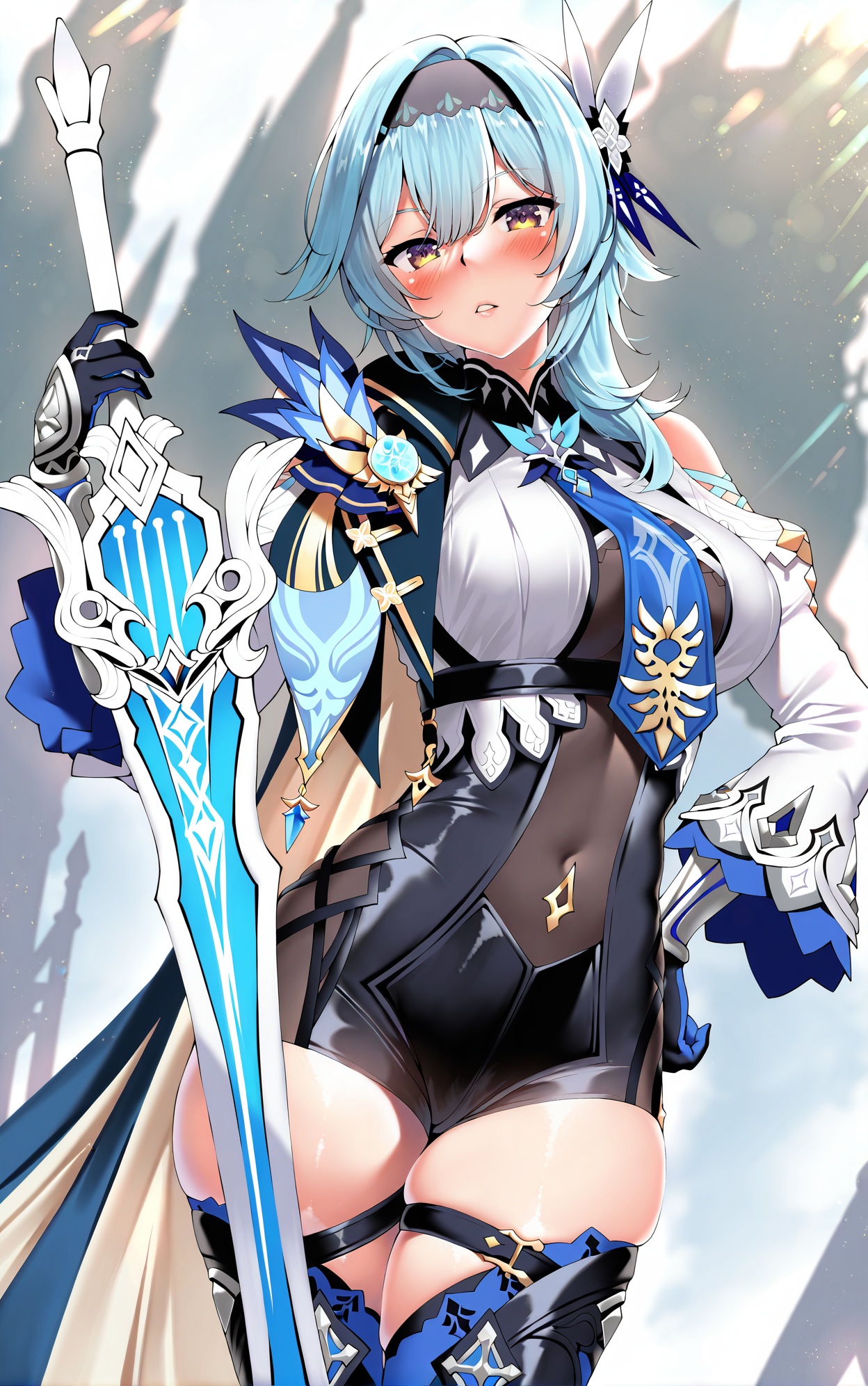 kawai, 1girl, eula \(genshin impact\), breasts, solo, large breasts, blue hair, thighs, thighhighs, weapon, looking at viewer, hairband, blush, hair ornament, parted lips, hand on own hip, sword, leotard, long sleeves, black hairband, medium hair, black leotard, thick thighs, yellow eyes, necktie, shoulder cutout, black thighhighs, holding