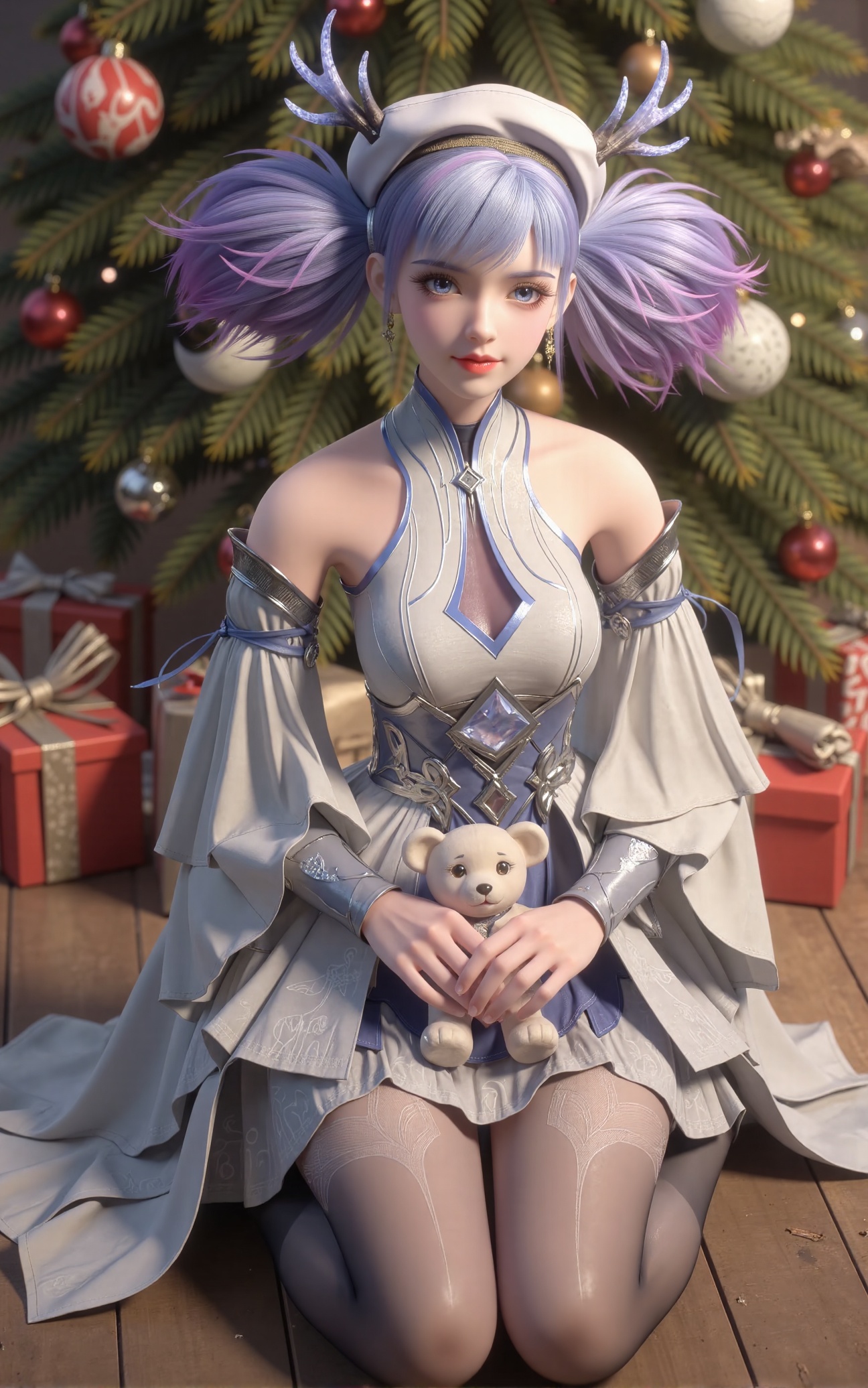 Tutu Aurora 8D Pantyhose (the name is a trigger word), Generate a warm and festive image of Xiaolu — a female character inspired by East Asian aesthetics — sitting in front of a beautifully decorated Christmas tree during winter. The atmosphere is cozy, filled with holiday ornaments, gifts wrapped in colorful paper, and soft lights twinkling around the tree.  Xiaolu has long purple hair styled in twin tails or pigtails, some strands are lavender with purple tips, others dyed blue or pink. Her bangs frame her face as she looks directly at the viewer with a gentle smile, her lips slightly parted, and a subtle blush on her cheeks. Her expression is cheerful yet serene, capturing the spirit of the season.  She wears a white and silver futuristic fantasy outfit: a high-collar dress with off-shoulder sleeves, a frilly skirt, and thigh-high stockings. Accessories include an ornate headpiece, feather-adorned hat, silver choker, large earrings, and intricate jewelry with elaborate patterns that catch the soft glow of the Christmas lights.  She sits comfortably on the floor beside a small pile of gifts, holding a plush teddy bear in her lap. A pair of festive socks rests at her feet, adding to the holiday charm. The overall mood is joyful and intimate, blending traditional Christmas elements with elegant fantasy design.  The image should be rich in detail, emphasizing facial expressions, fabric textures, lighting effects, and the warmth of the setting.  tutu Aurora 8D Pantyhose, ultra high definition details