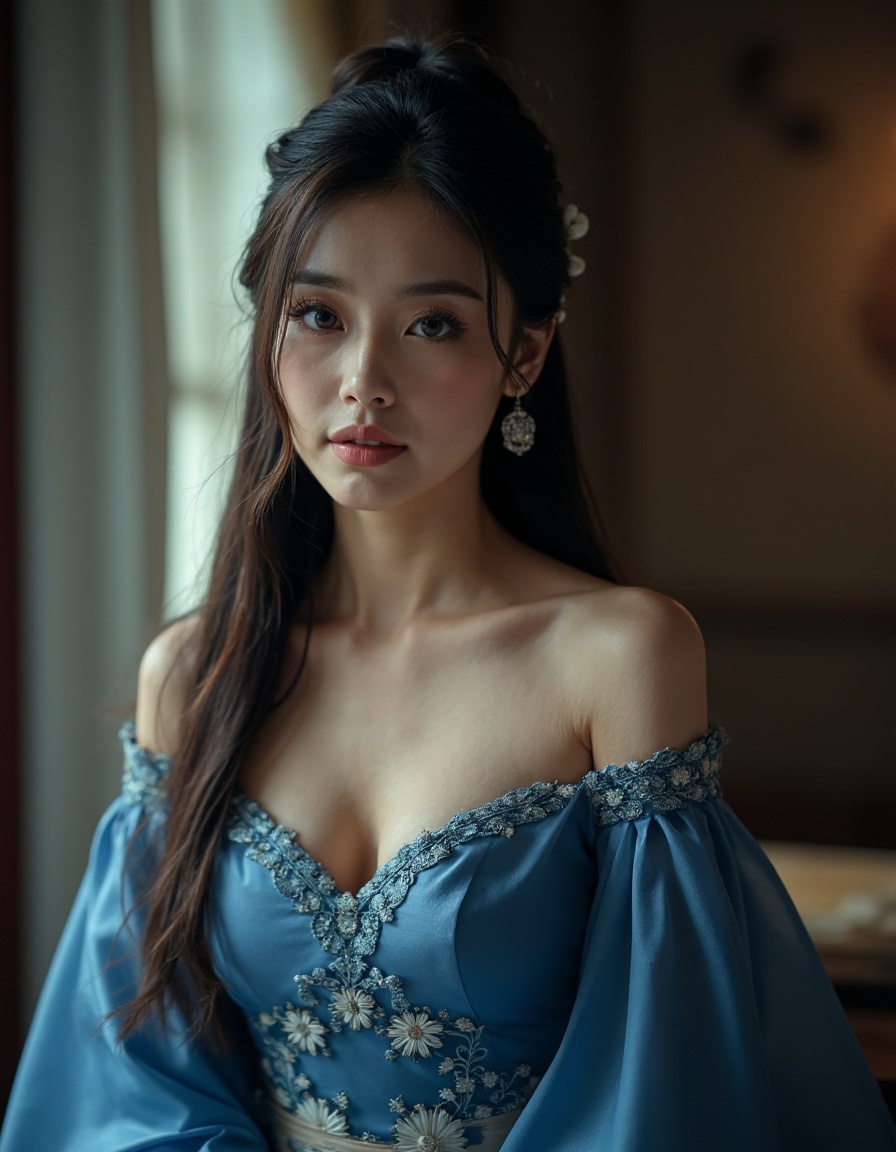 HDR photo of cinematic film still 1girl, solo, dress, long hair, hair ornament, breasts, bare shoulders, chinese clothes, jewelry, earrings, realistic, hair bun, blue dress, looking at viewer, sash, off shoulder, waist up, chinese dress, brown hair, parted lips, black hair, cleavage, large breasts, long sleeves, . shallow depth of field, vignette, highly detailed, high budget, bokeh, cinemascope, moody, epic, gorgeous, film grain, grainy . High dynamic range, vivid, rich details, clear shadows and highlights, realistic, intense, enhanced contrast, highly detailed