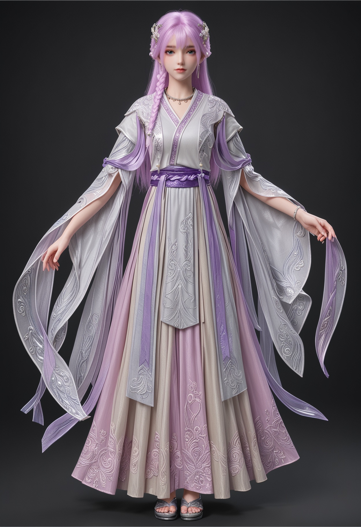 (standing full_body:1.1),score_9,score_8_up,masterpiece,(best quality),intricate details,facing viewer,(looking at viewer:1.1),<lora:YQ_pony_tianqiong_shaonv_V4:0.8>,q1528437228,1girl,solo,long hair,purple hair,jewelry,hair ornament,earrings,braid,necklace,dress,hair flower,blue eyes,pink hair,chinese clothes,green eyes,side braid,grey eyes,japanese clothes,wide sleeves,long sleeves,sash,robe,BREAKscore_9,score_8_up,masterpiece,(best quality),perfect anatomy,(hourglass),perfect face,(simple background,pure black background,black background:1.1),fair_skin,shiny_skin,Ivory_skin,