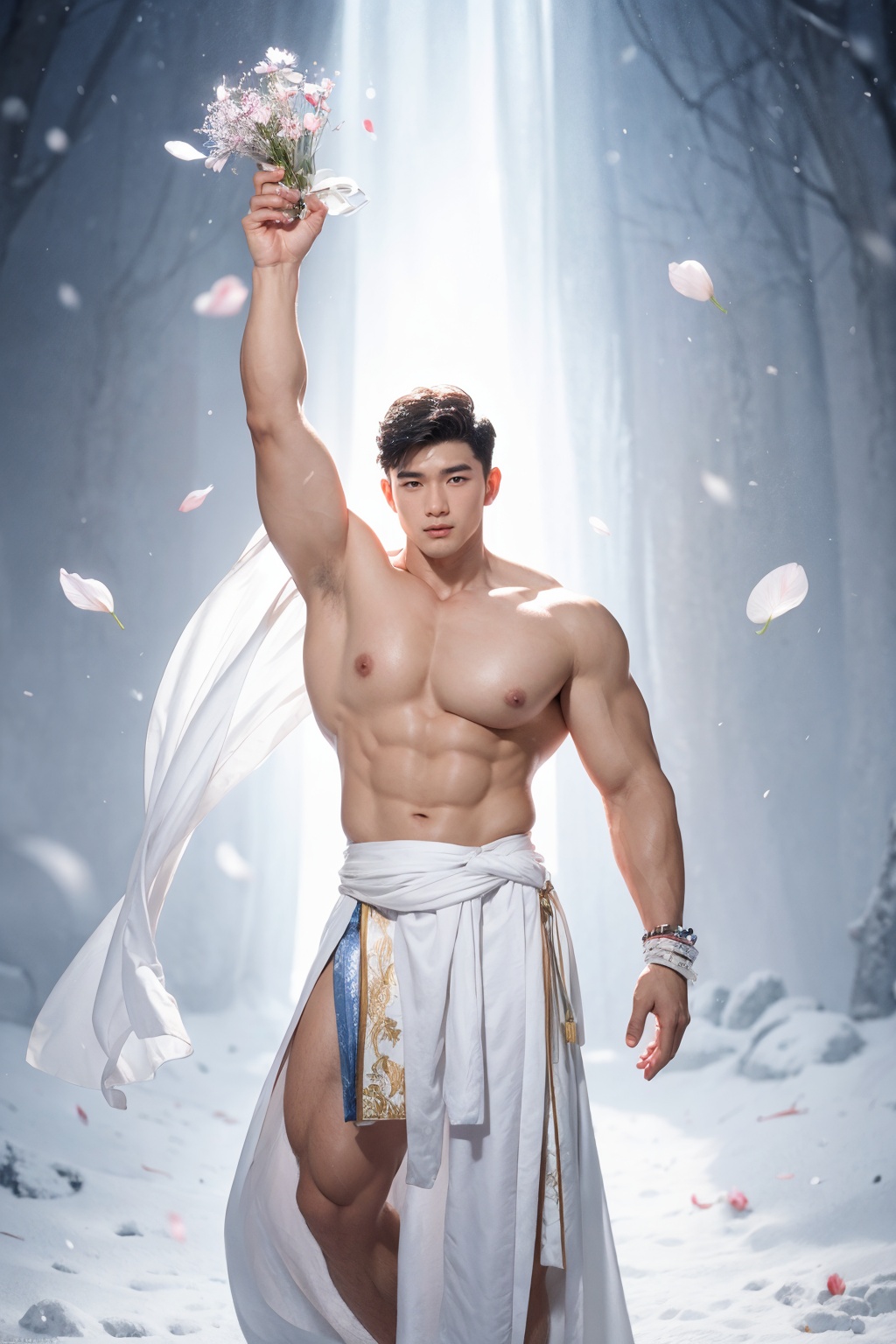 masterpiece,1 man,looked at me,handsome,Korean Men's Hair,topless,muscular,robust,pectoralis major,big nipples,body hair,wearing skimpy white silks,fantasy concept art,white flowers,white petal cascade,white butterflies,snow,wind magic,Flying ribbons,textured skin,super detail,best quality,Rays of Shimmering Light,Monk