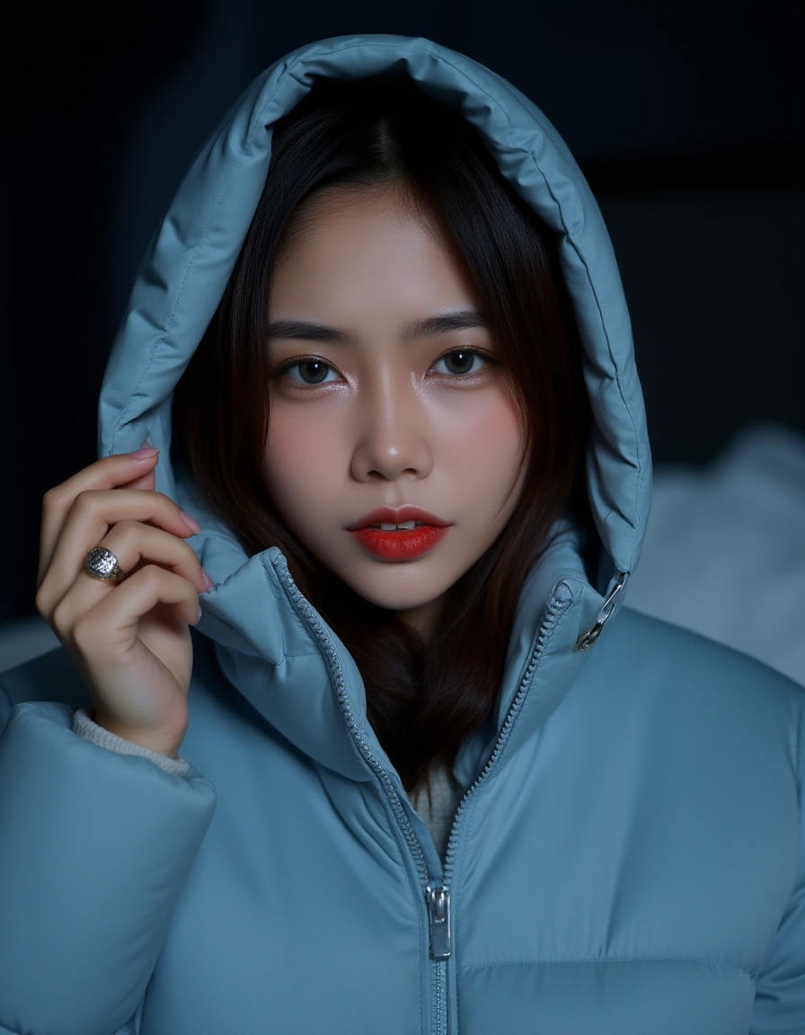This is a photograph of a young Asian woman with fair skin, dark brown hair, and expressive eyes. She wears a light blue, puffy winter coat with a hood that she holds up with her left hand, revealing a gold ring on her ring finger. The background is dark, emphasizing her face and the texture of the coat. The image captures a sense of mystery and calm.